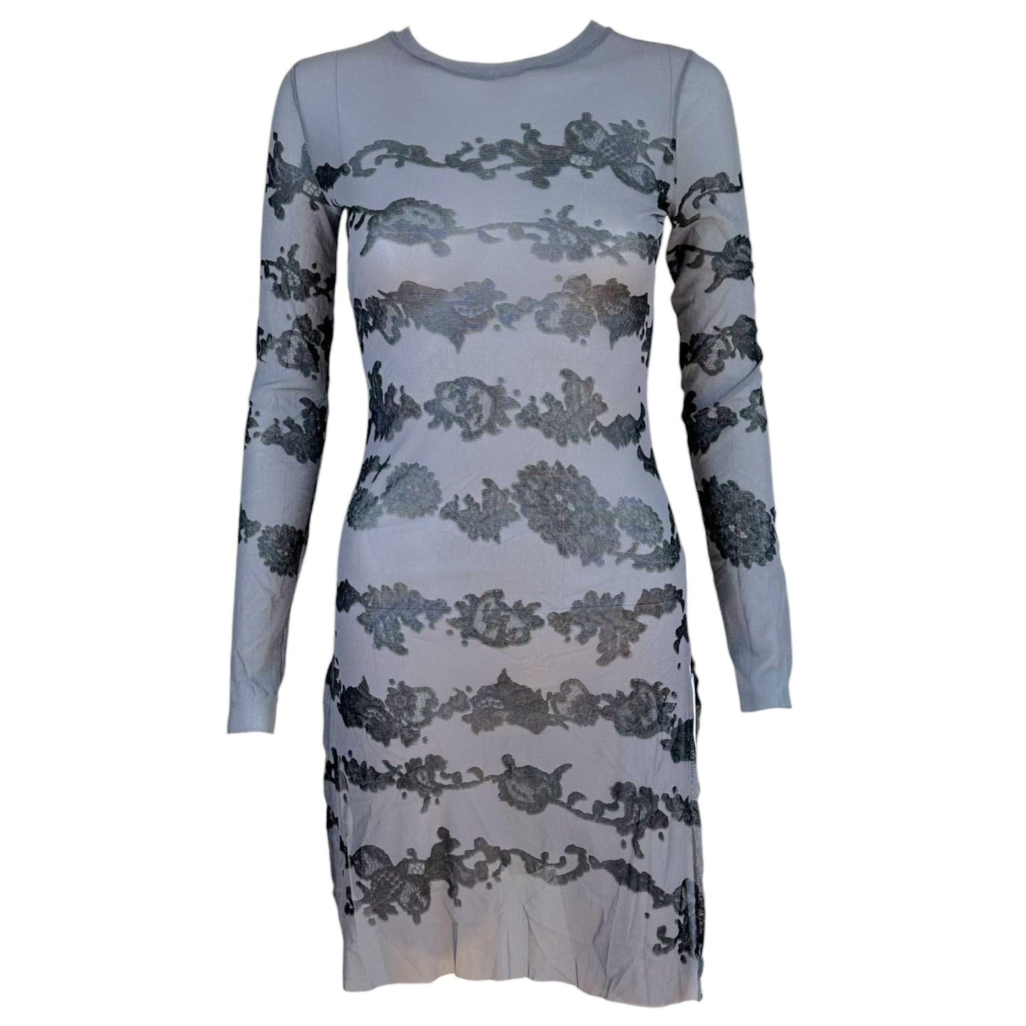 Jean Paul Gaultier Black & Gray Lace Print Mesh Longsleeve Side Slit Mini Dress