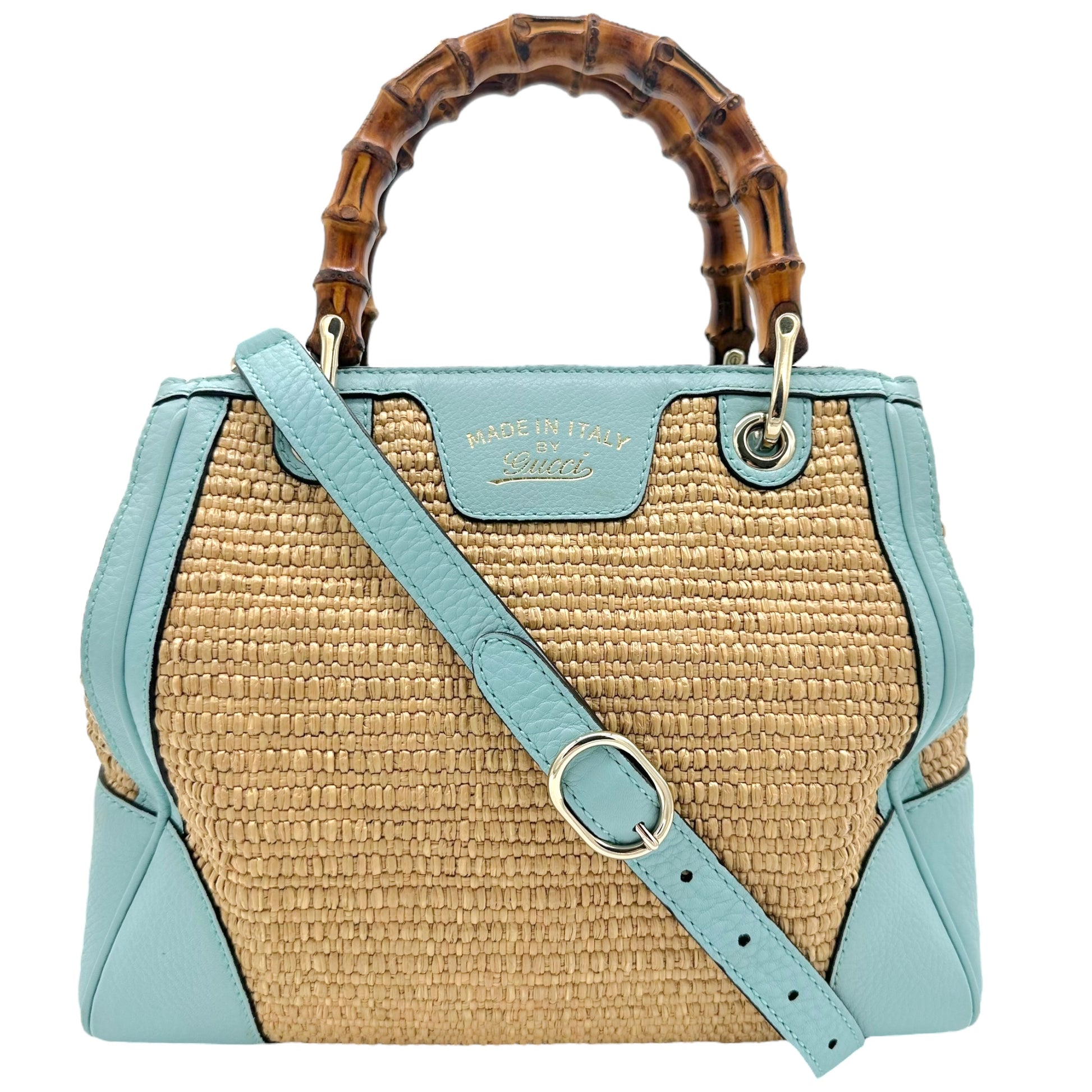 Gucci Raffia & Bamboo Blue Leather Trim 2-Way Bag - Outfit Repeater