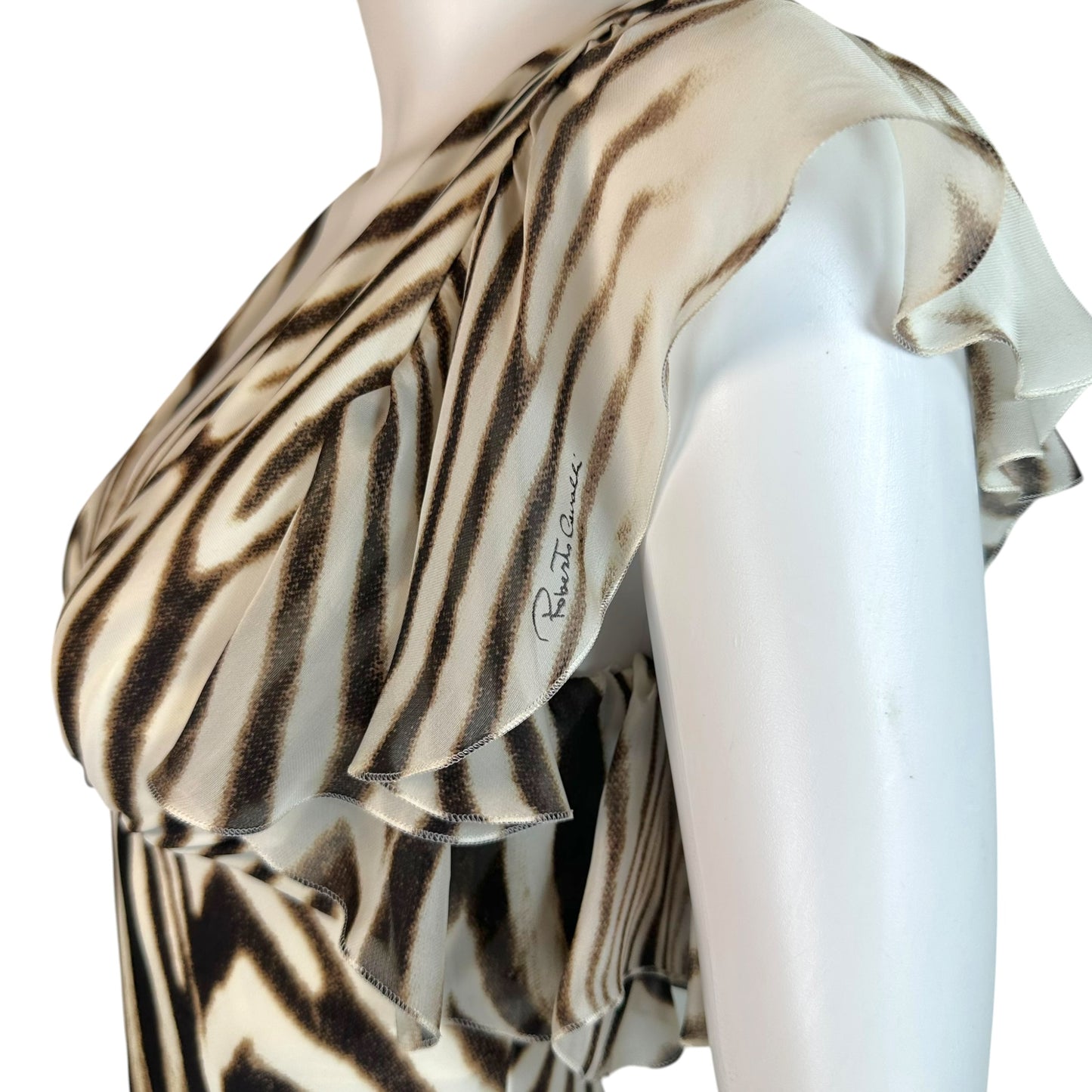 Roberto Cavalli Mini Dress White Brown Zebra Print Ruffle