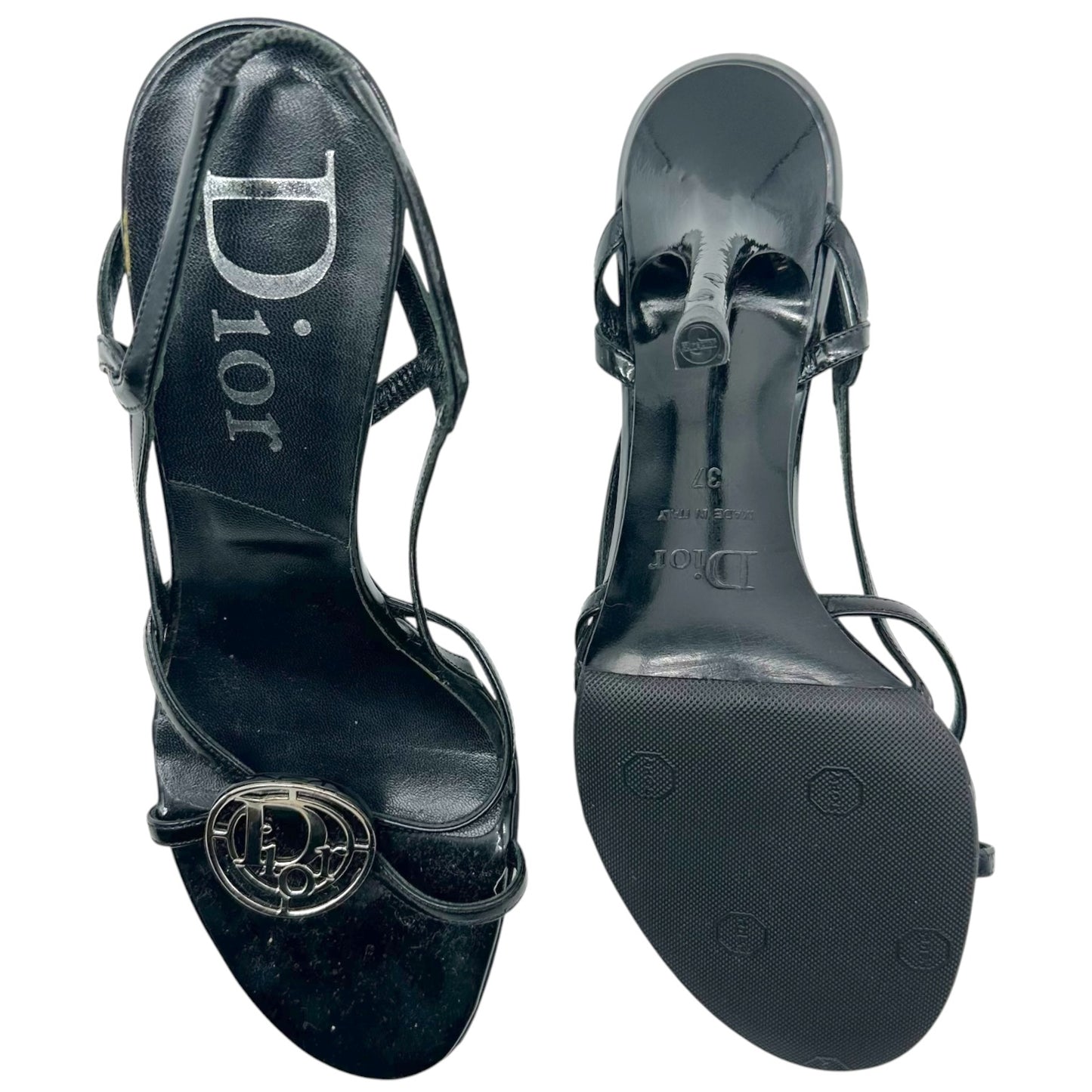 Christian Dior Black Strappy Logo Charm Sandal Heels