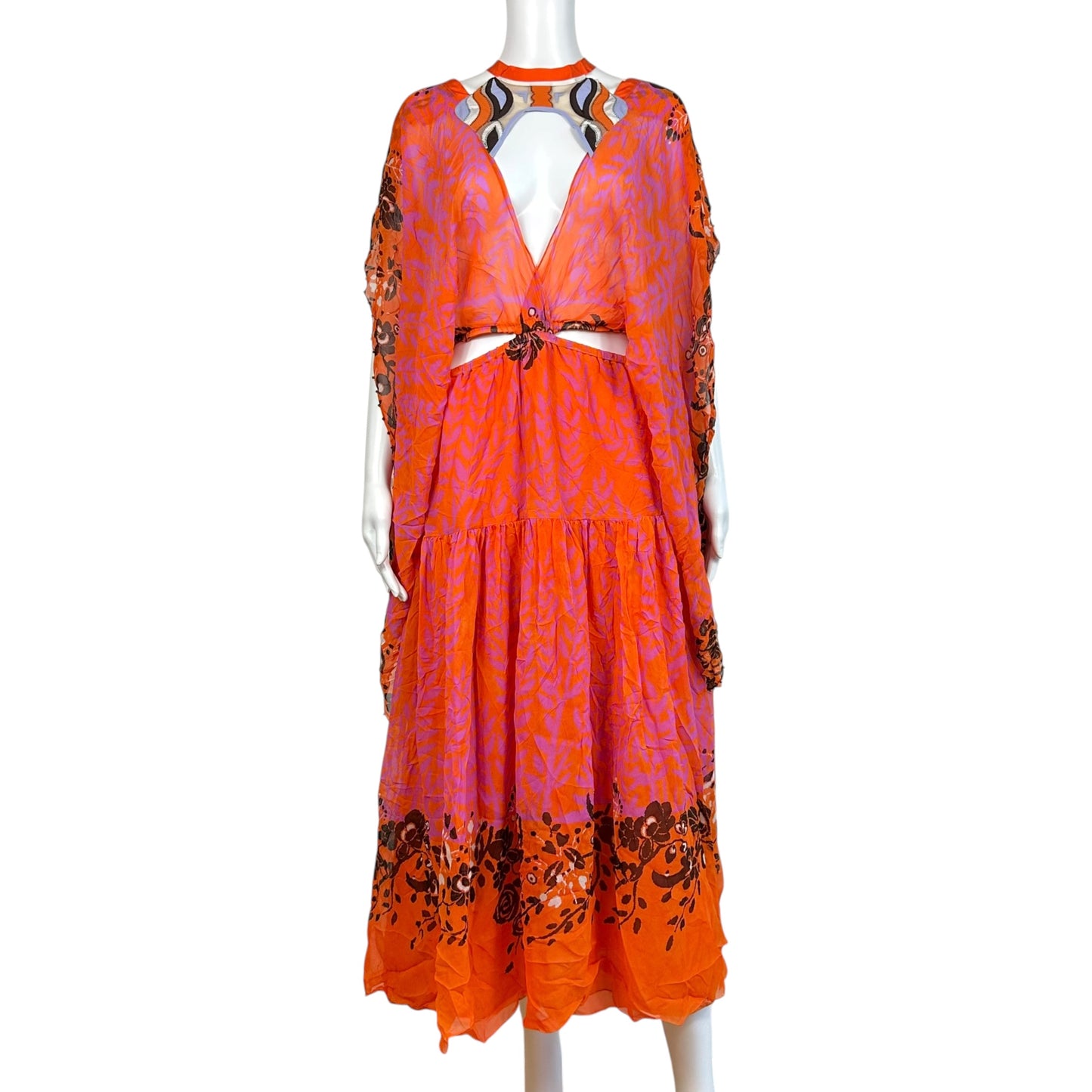 Fendi Orange & Purple Printed Silk Batwing Sleeve Cut-Out Maxi Dress NEW