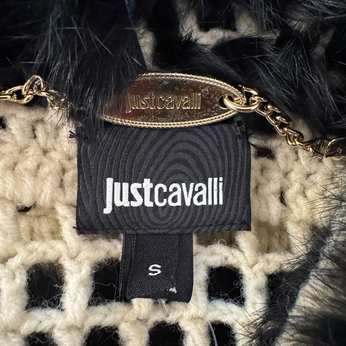 Just Cavalli Roberto Cavalli Black Rabbit Fur & Ivory Knit Cardigan