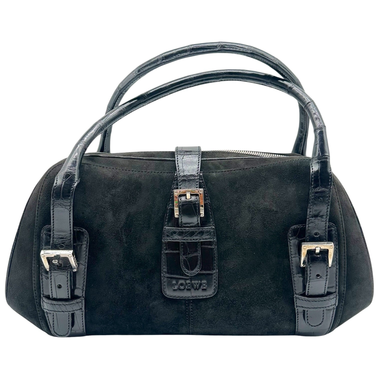 Loewe Black Suede Croc Embossed Shoulder Bag