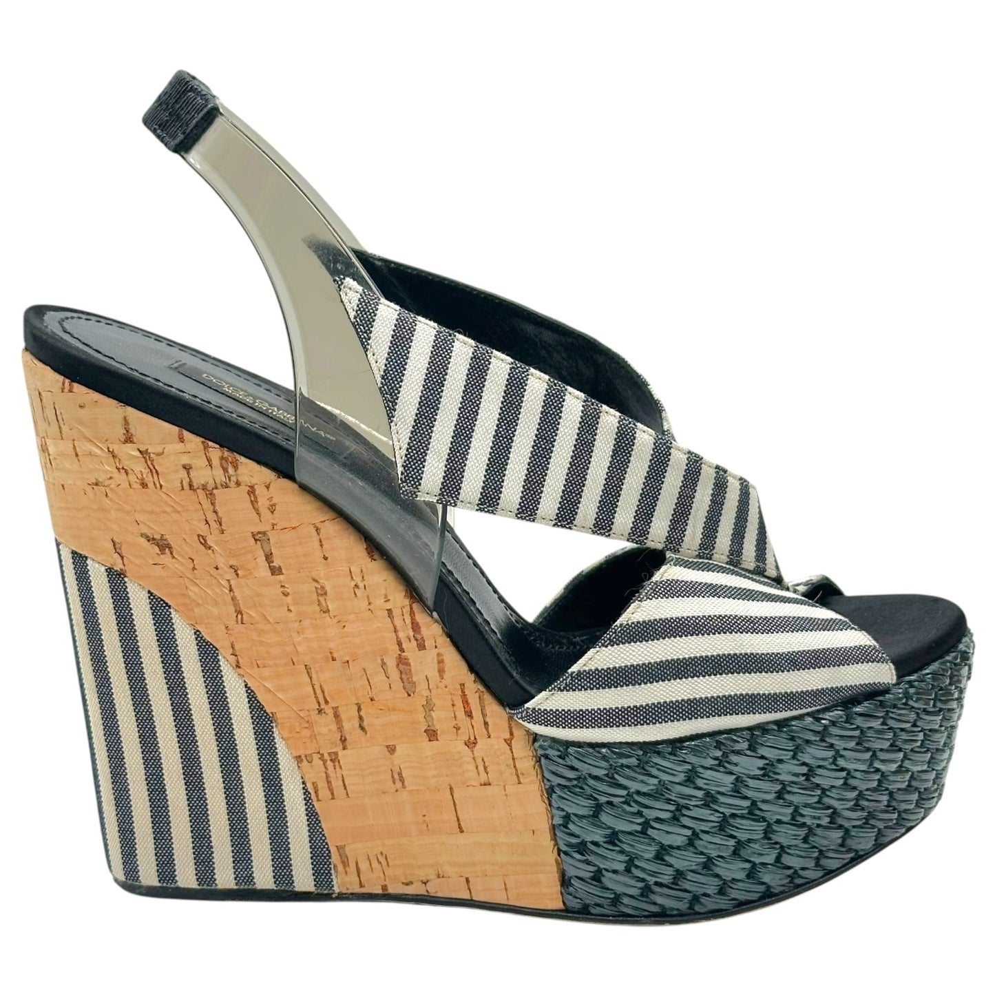 Dolce & Gabbana Navy Blue Striped & Cork Platform Wedges
