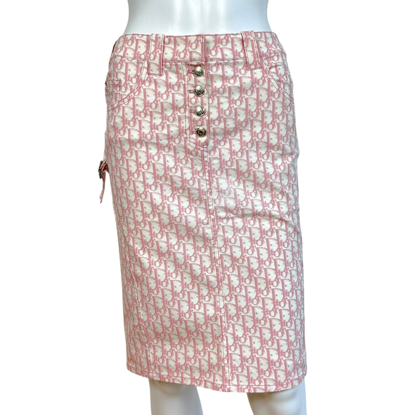 Christian Dior S/S 2004 Pink & White Trotter Monogram Denim Midi Skirt