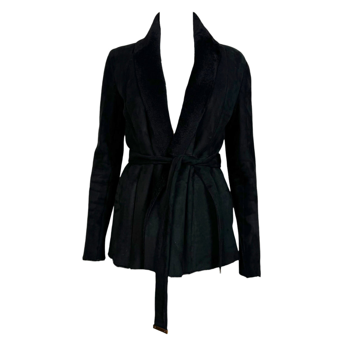 Gucci by Tom Ford Black Shearling Mid-Length Wrap Coat