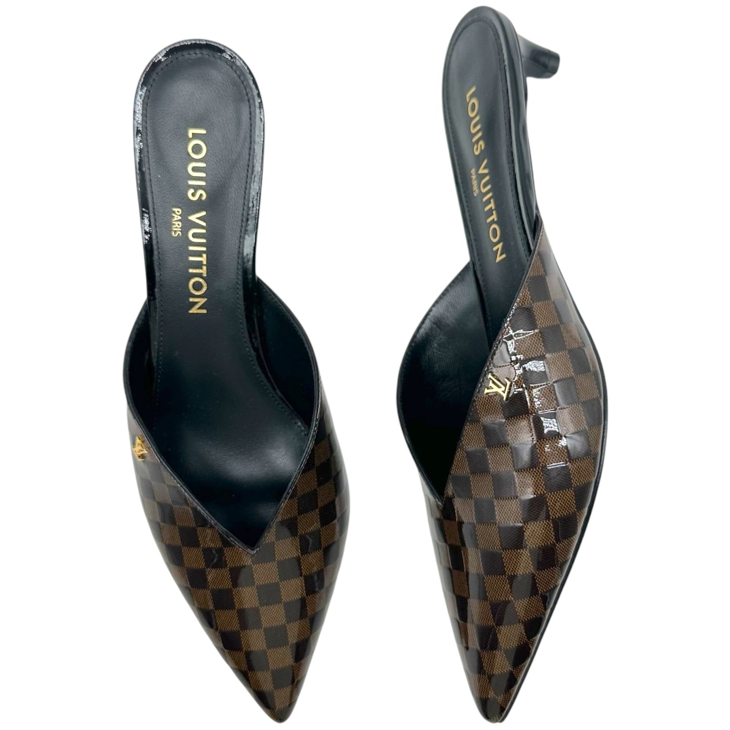 Louis Vuitton Damier Ebene Patent Pointed Toe Kitten Heel Mules