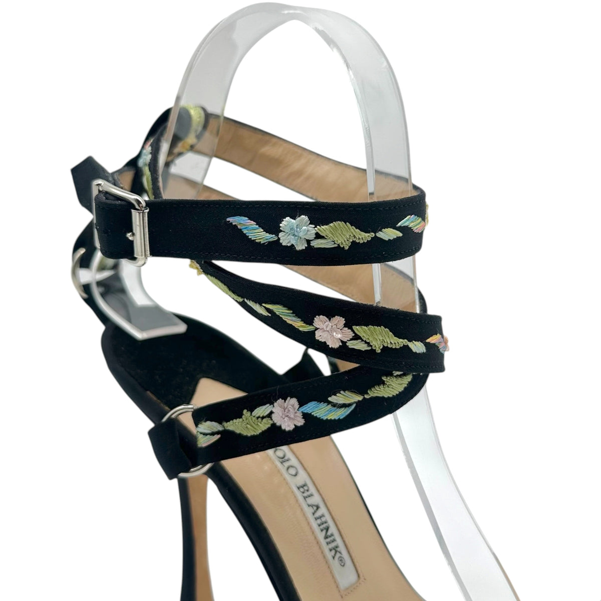 Manolo Blahnik Black Floral Embroidered Ankle Wrap Sandals