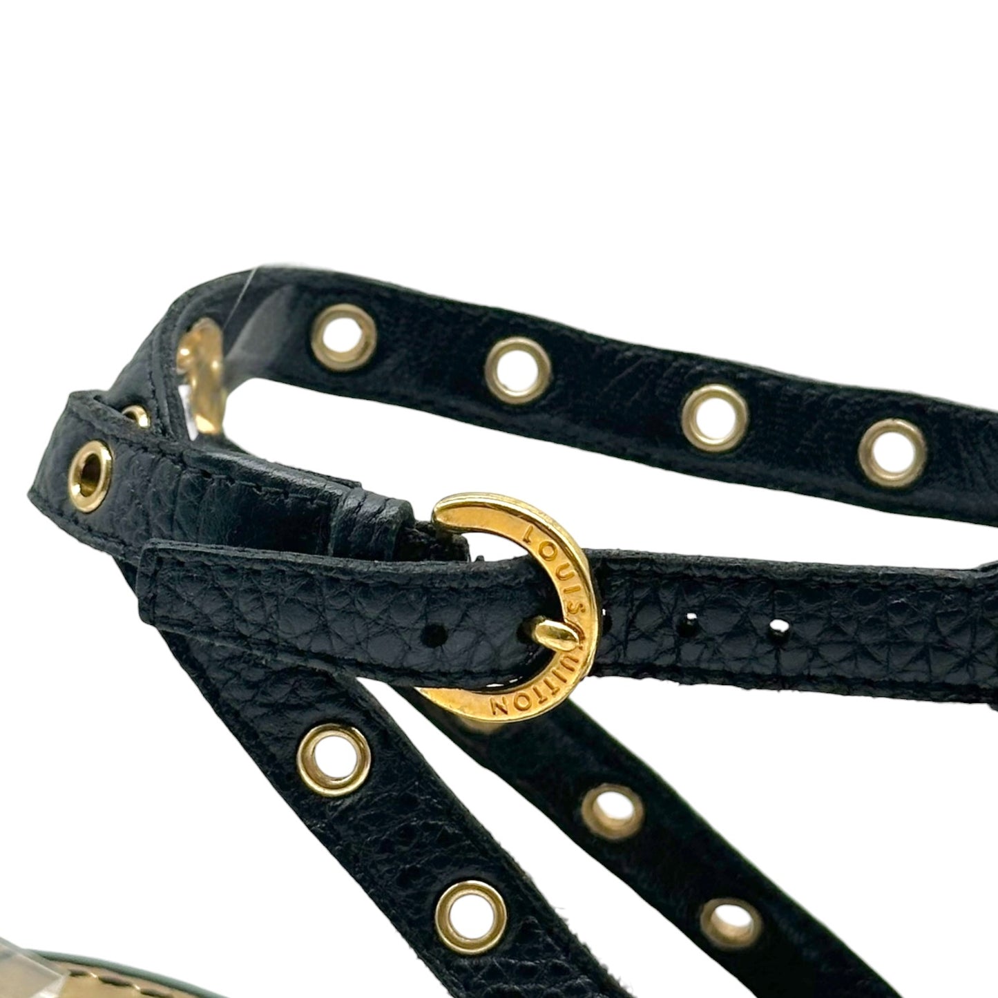 Louis Vuitton Black Leather & Gold Rivet Strappy Wooden Wedge Heeled Sandals