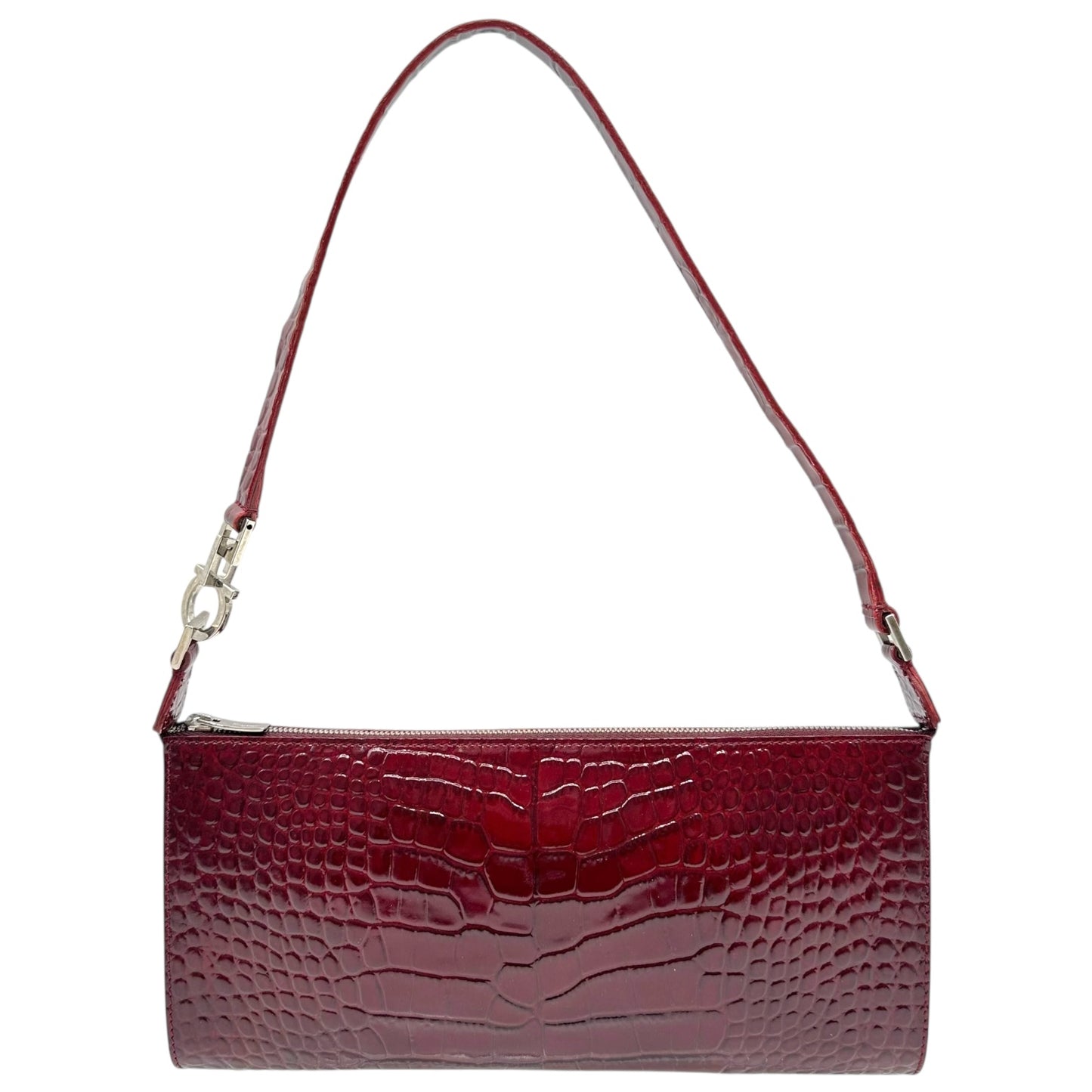 Salvatore Ferragamo Burgundy Croc Embossed Patent East-West Shoulder Bag