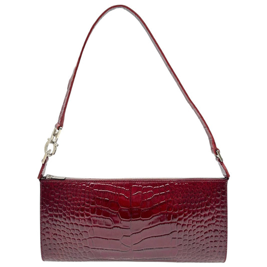 Salvatore Ferragamo Burgundy Croc Embossed Patent East-West Shoulder Bag