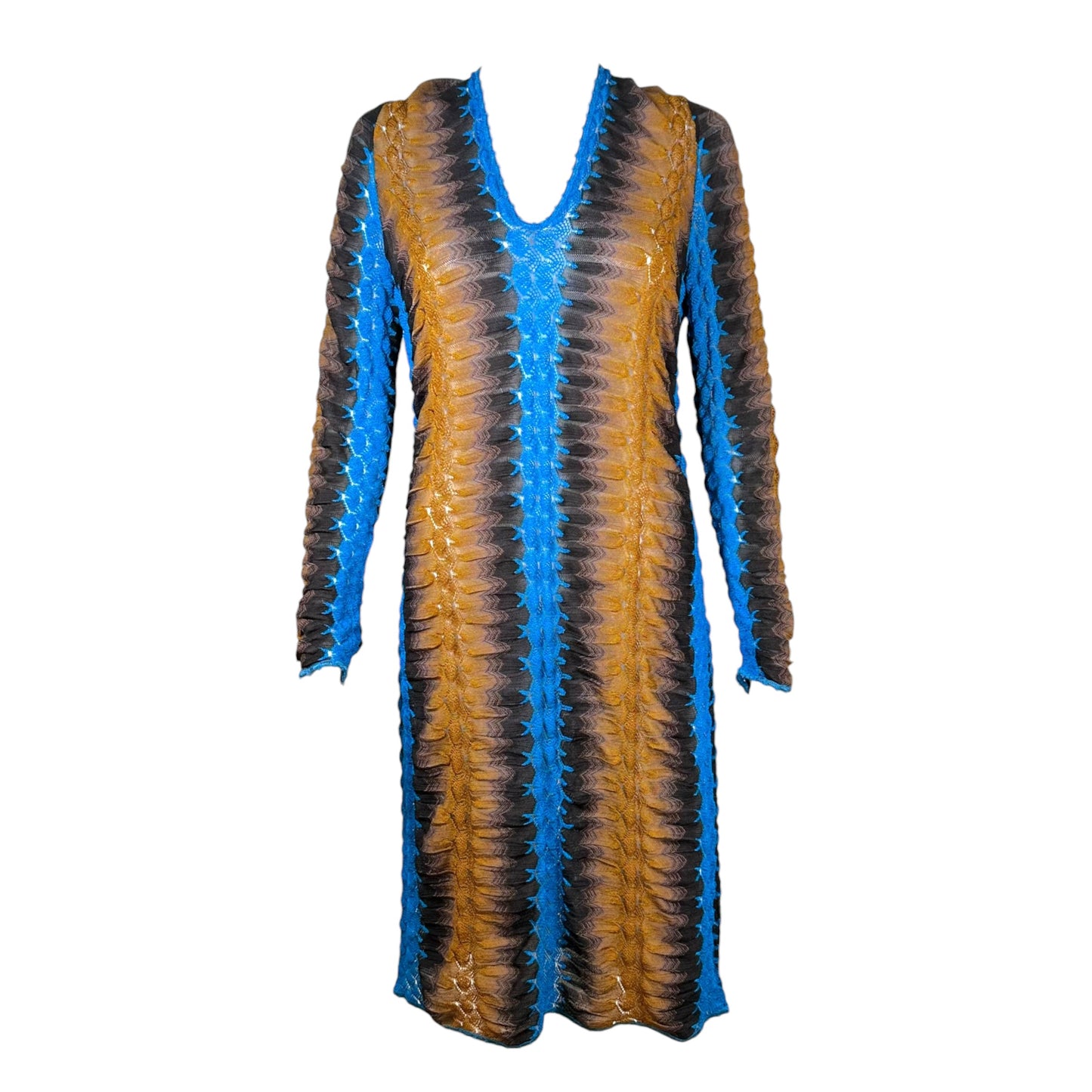 Missoni Chevron Knit Midi Dress Turquoise Brown Long Sleeve