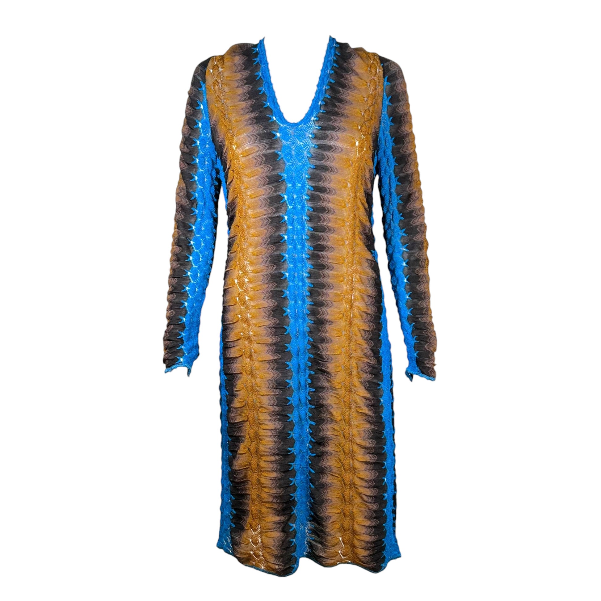 Missoni Chevron Knit Midi Dress Turquoise Brown Long Sleeve