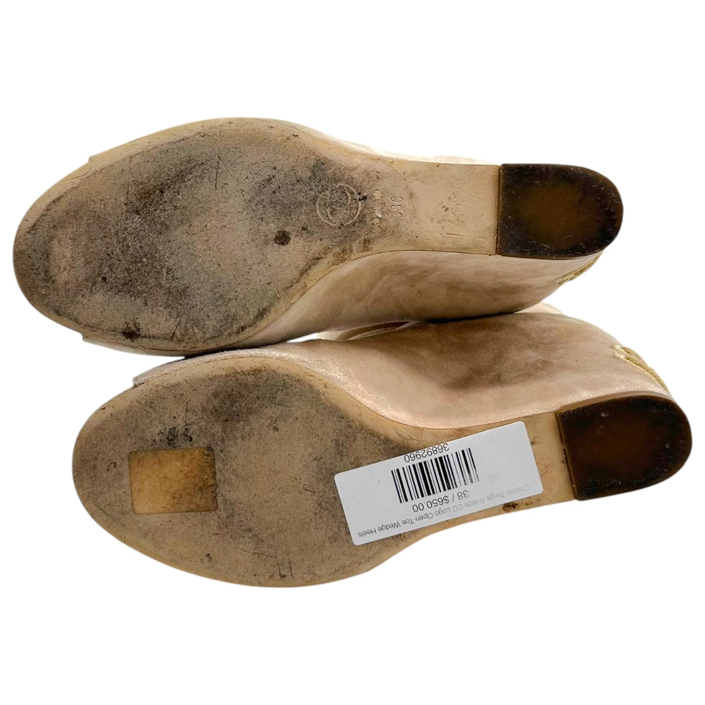 Chanel Open-Toe Wedge Heels Beige Suede Size 38