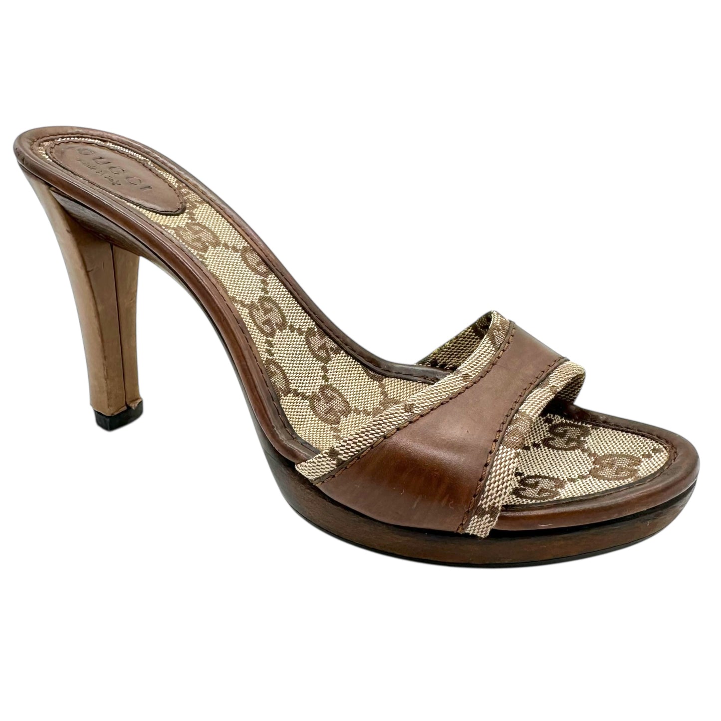 Gucci Tan Monogram Heeled Mule Sandals - Outfit Repeater
