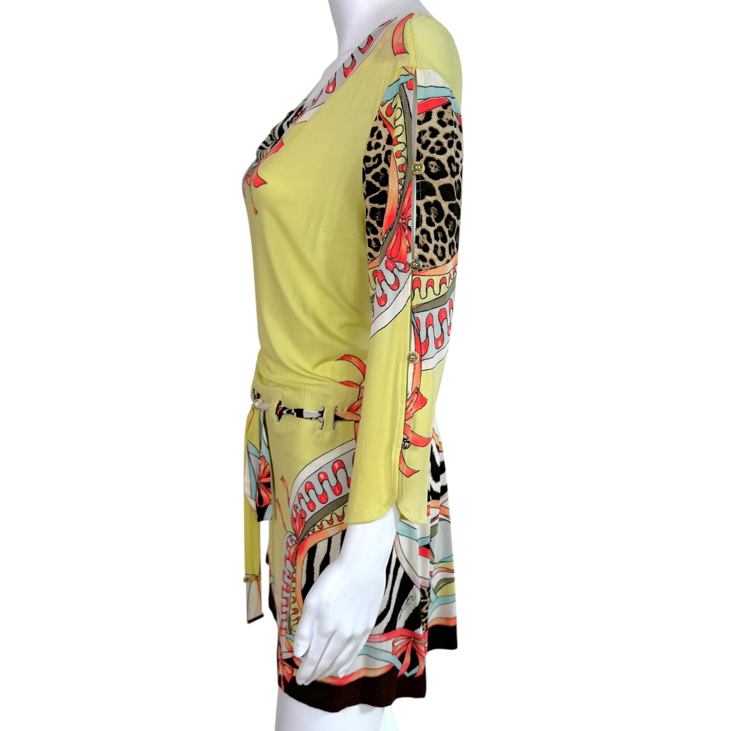 Roberto Cavalli S/S 2004 Yellow Multicolor Animal Print 3/4 Sleeve Cowl Neck Mini Dress