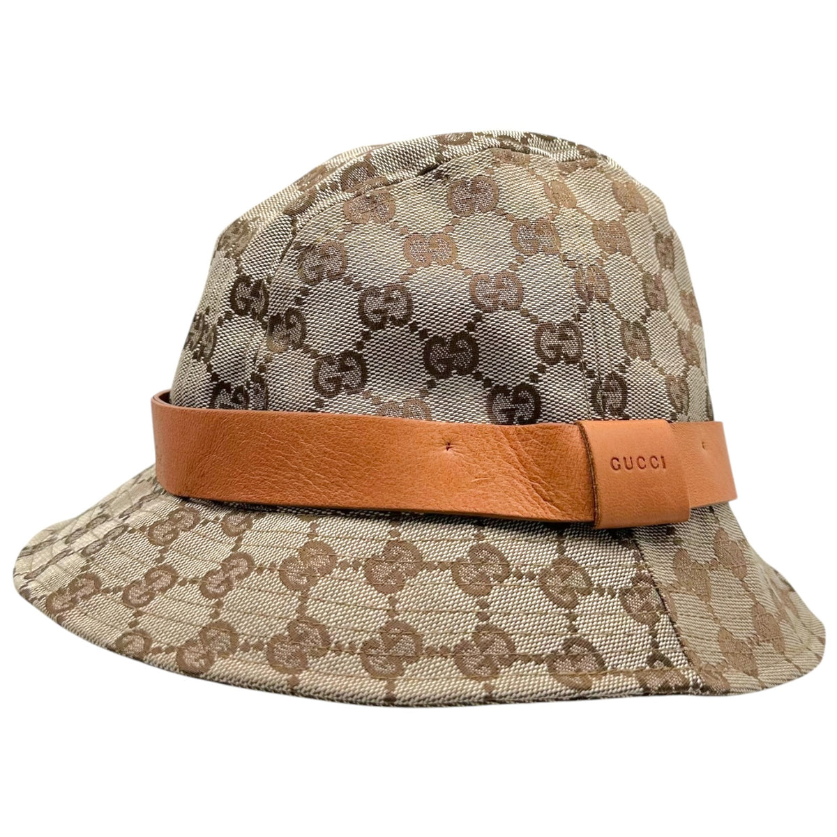 Gucci Tan Canvas Monogram Leather Trim Bucket Hat