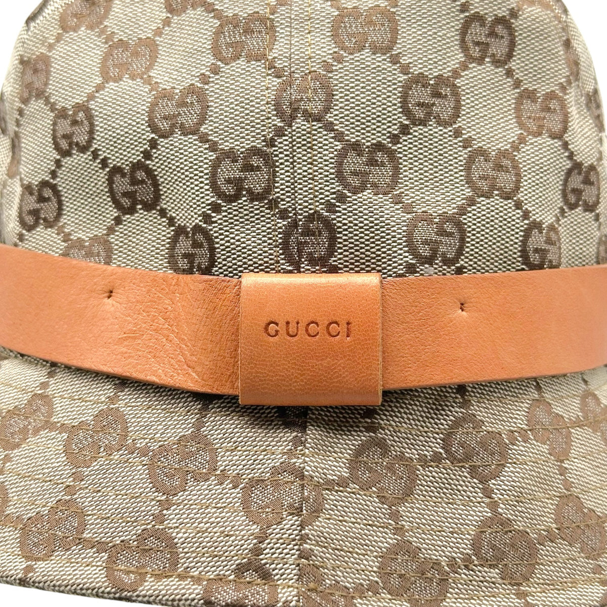 Gucci Tan Canvas Monogram Leather Trim Bucket Hat