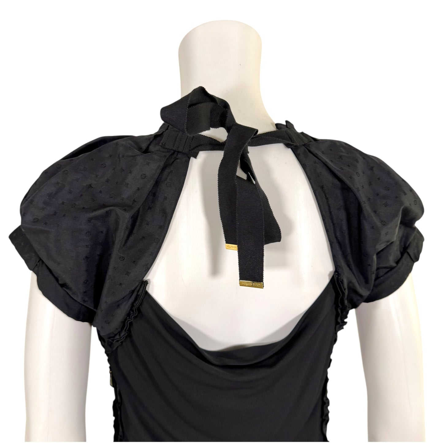 Louis Vuitton Black Logo Print Draped Silk Mini Dress