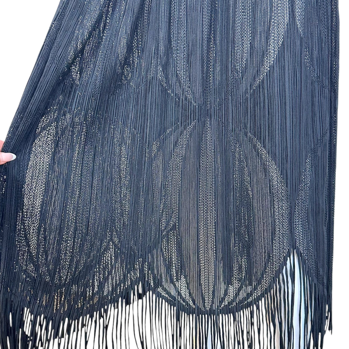 Issey Miyake Pleats Please Black Perforated Fringe Trim Midi Skirt
