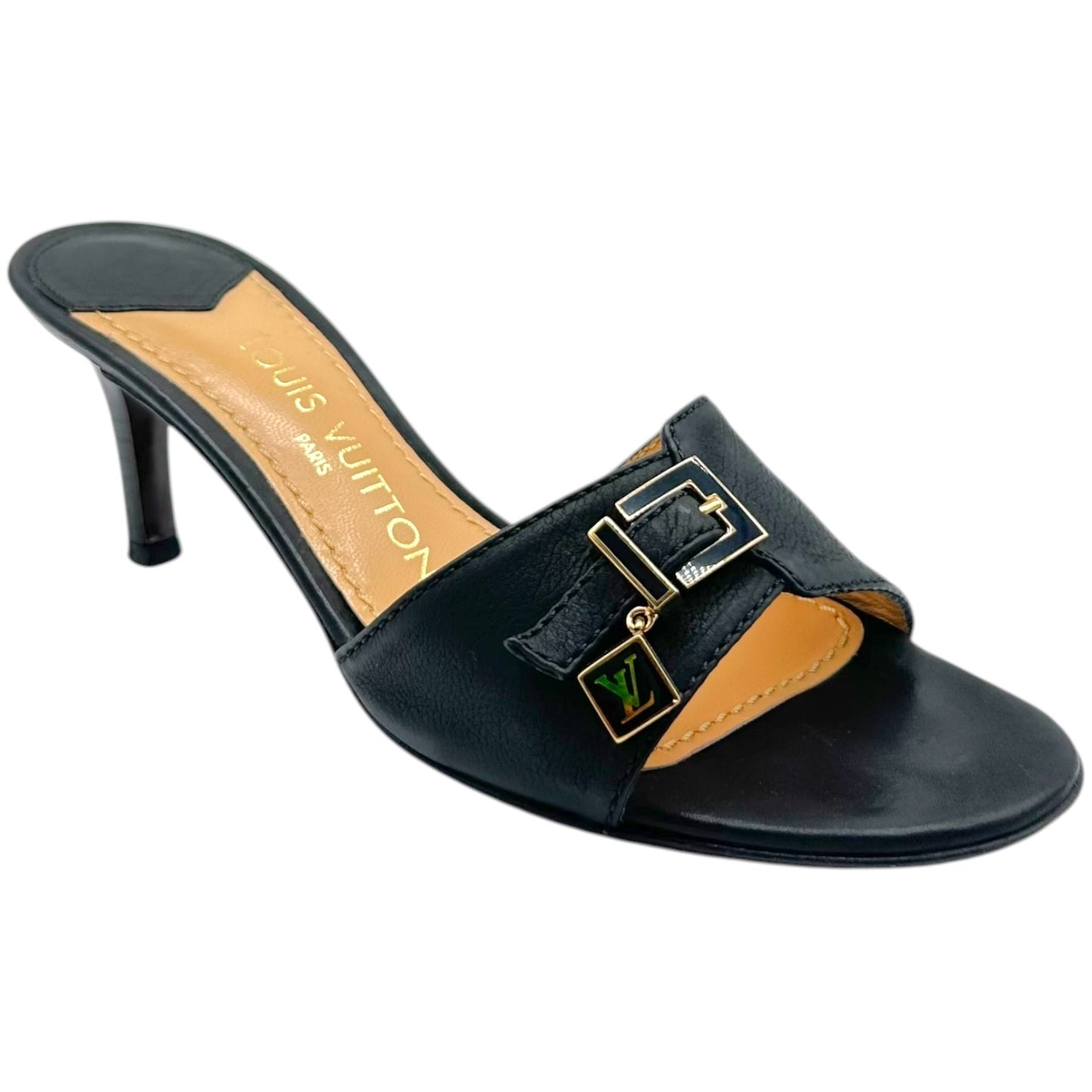 Louis Vuitton Black Leather Gold Logo Charm Kitten Heel Mules