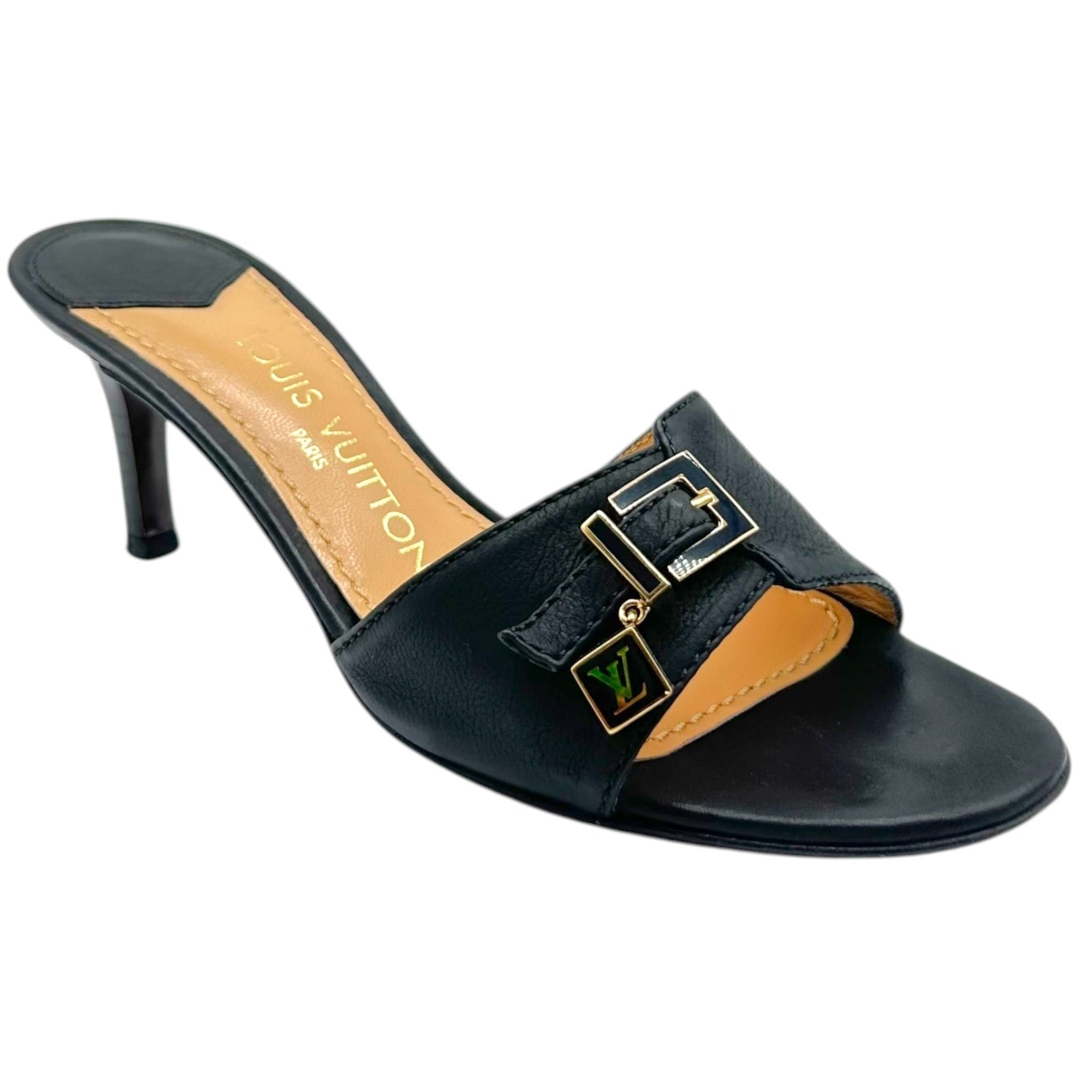 Louis Vuitton Black Leather Gold Logo Charm Kitten Heel Mules