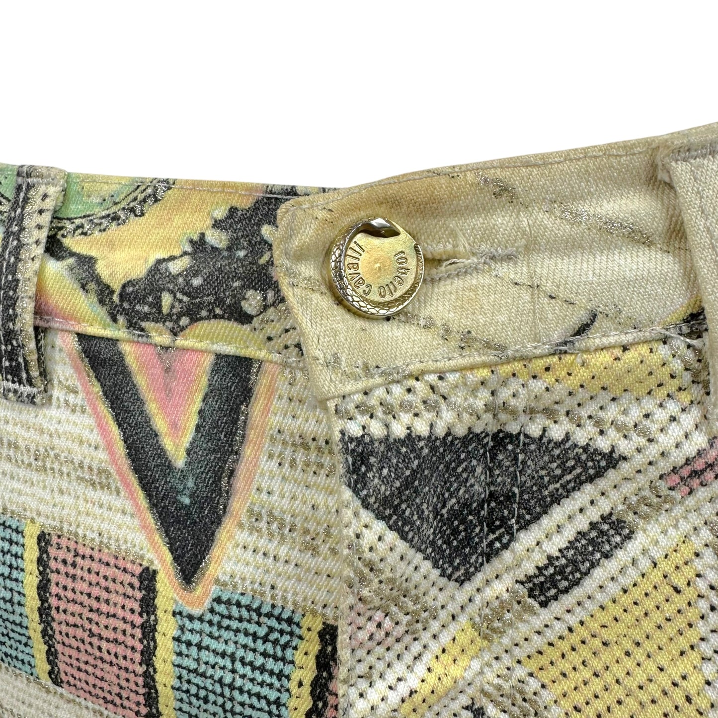 Roberto Cavalli S/S 2003 Glitter & Pastel Printed Denim Midi Skirt