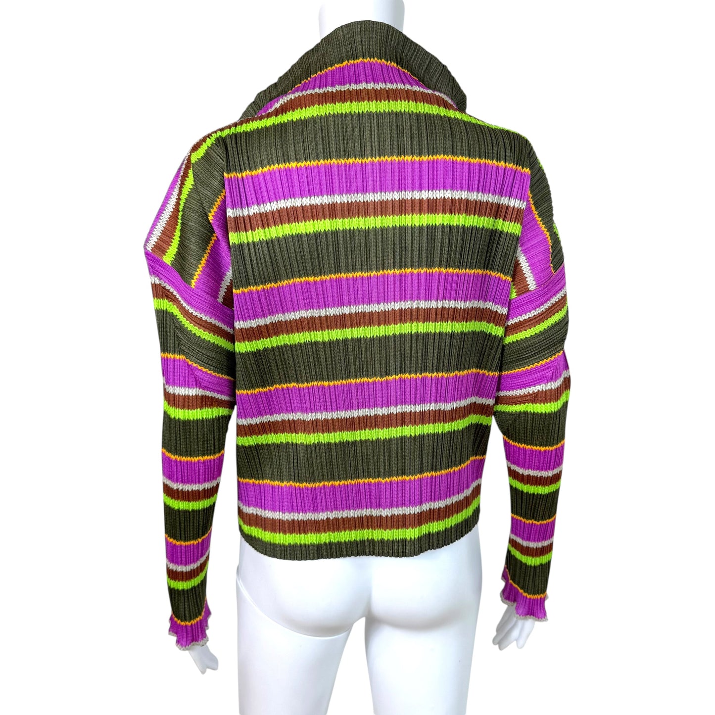 Issey Miyake Pleats Please Khaki Green & Purple Multi Striped Zip-Up Jacket Sz 3