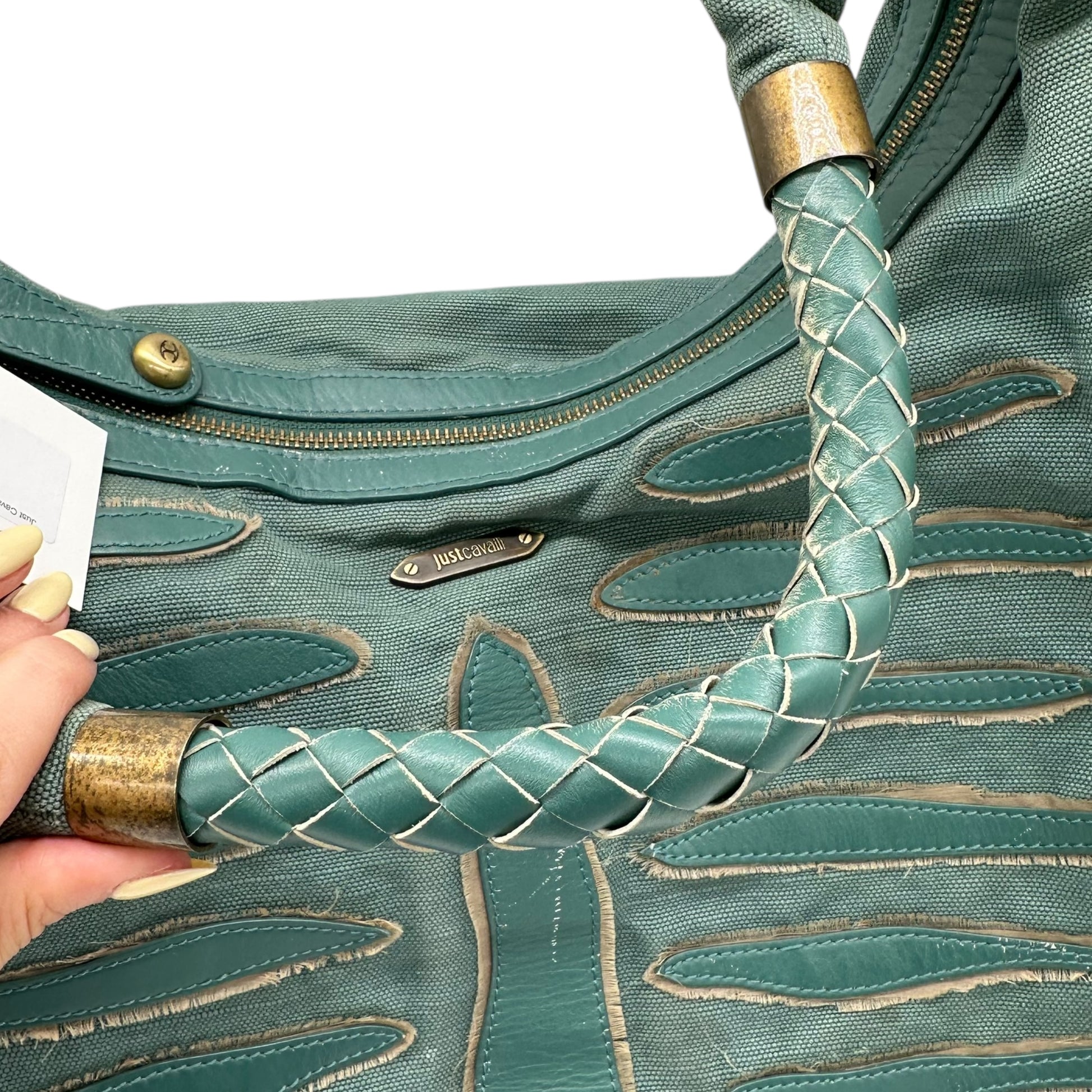 Just Cavalli Roberto Cavalli Teal Canvas & Leather Embroidered Hobo Bag - Outfit Repeater