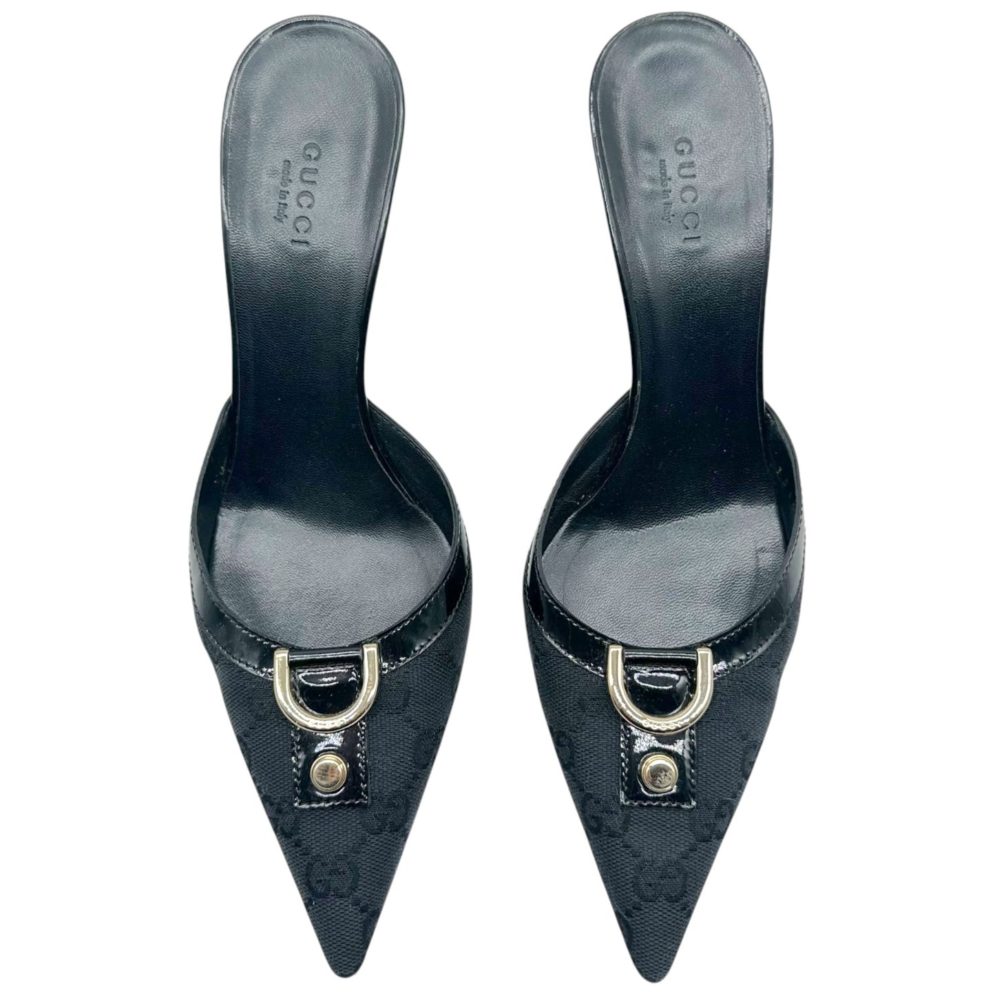 Gucci Black Monogram Pointed Toe Mule Heels