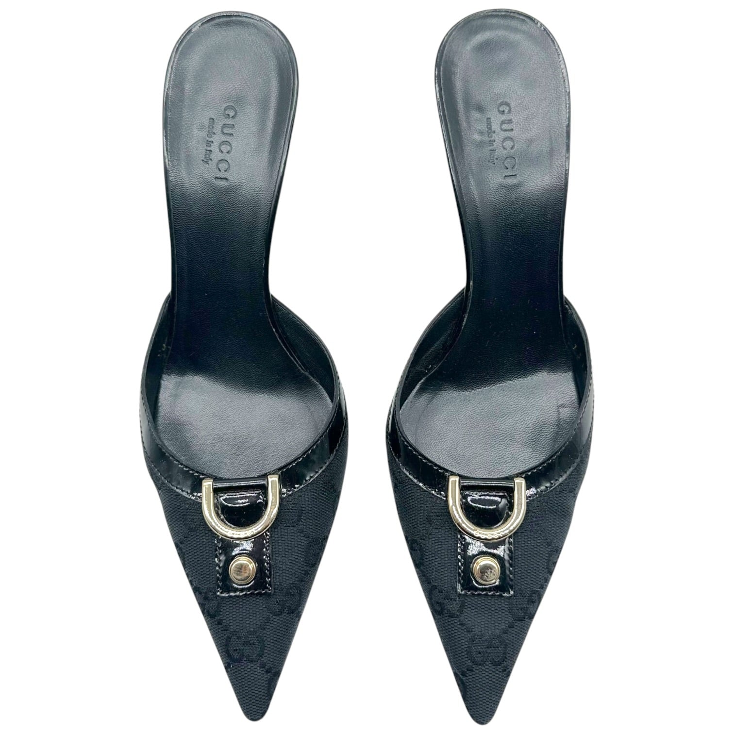 Gucci Black Monogram Pointed Toe Mule Heels