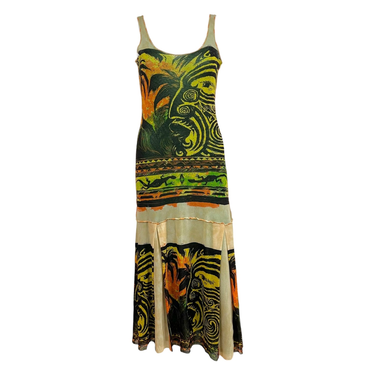 Jean Paul Gaultier S/S 1994 Tribal Inspired Printed Mesh Midi Dress