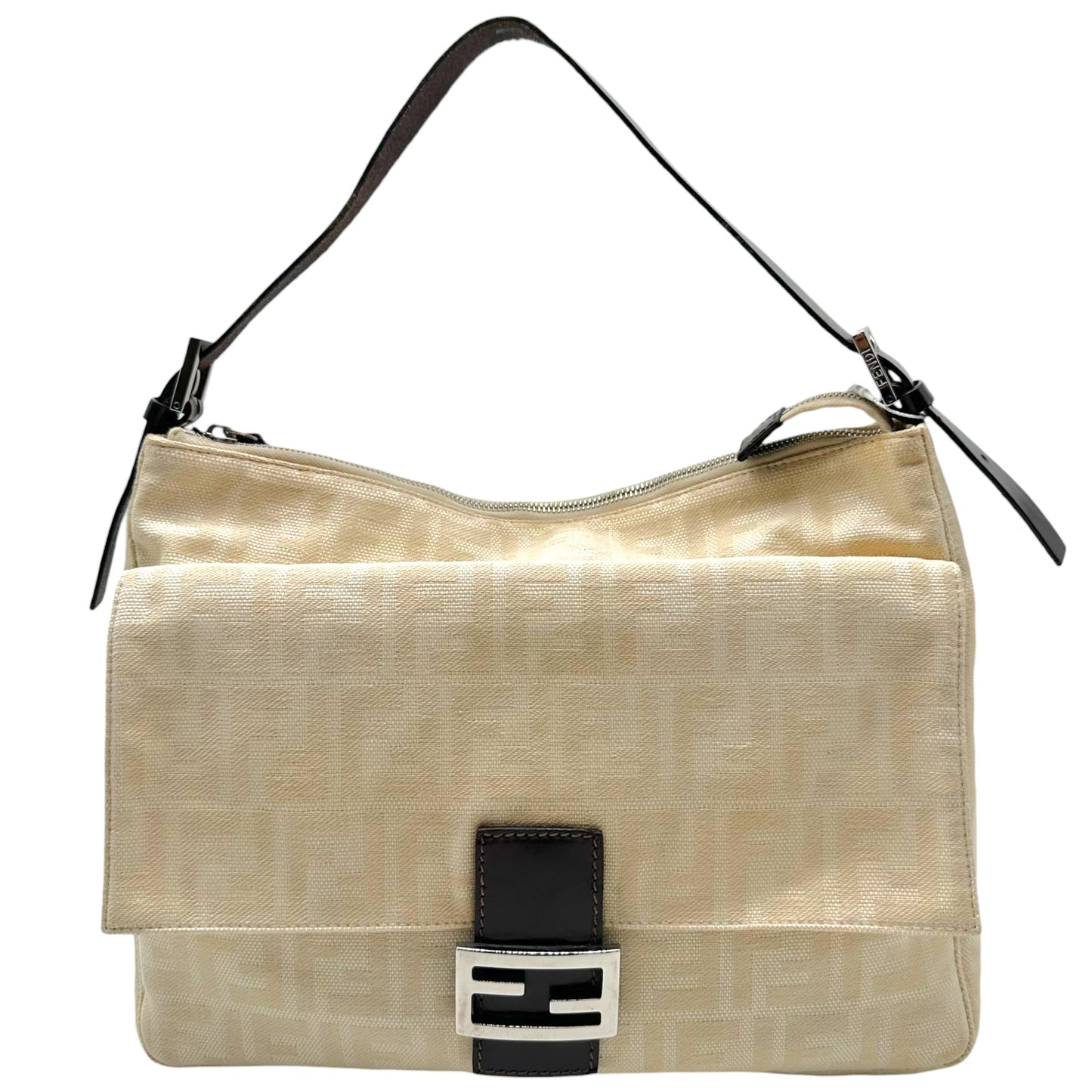 Fendi Ivory Zucca Monogram & Brown Leather XL Mama Front Pocket Baguette Bag