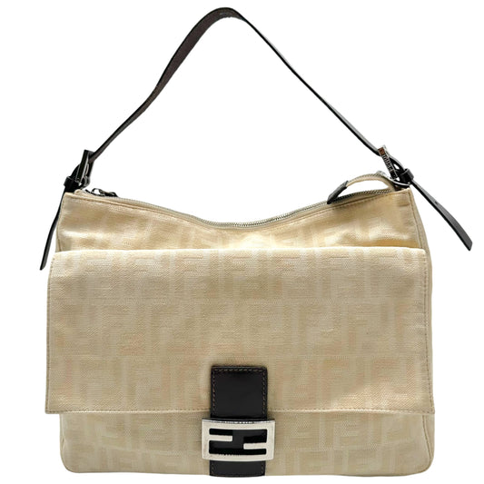 Fendi Ivory Zucca Monogram Brown Leather Baguette Bag