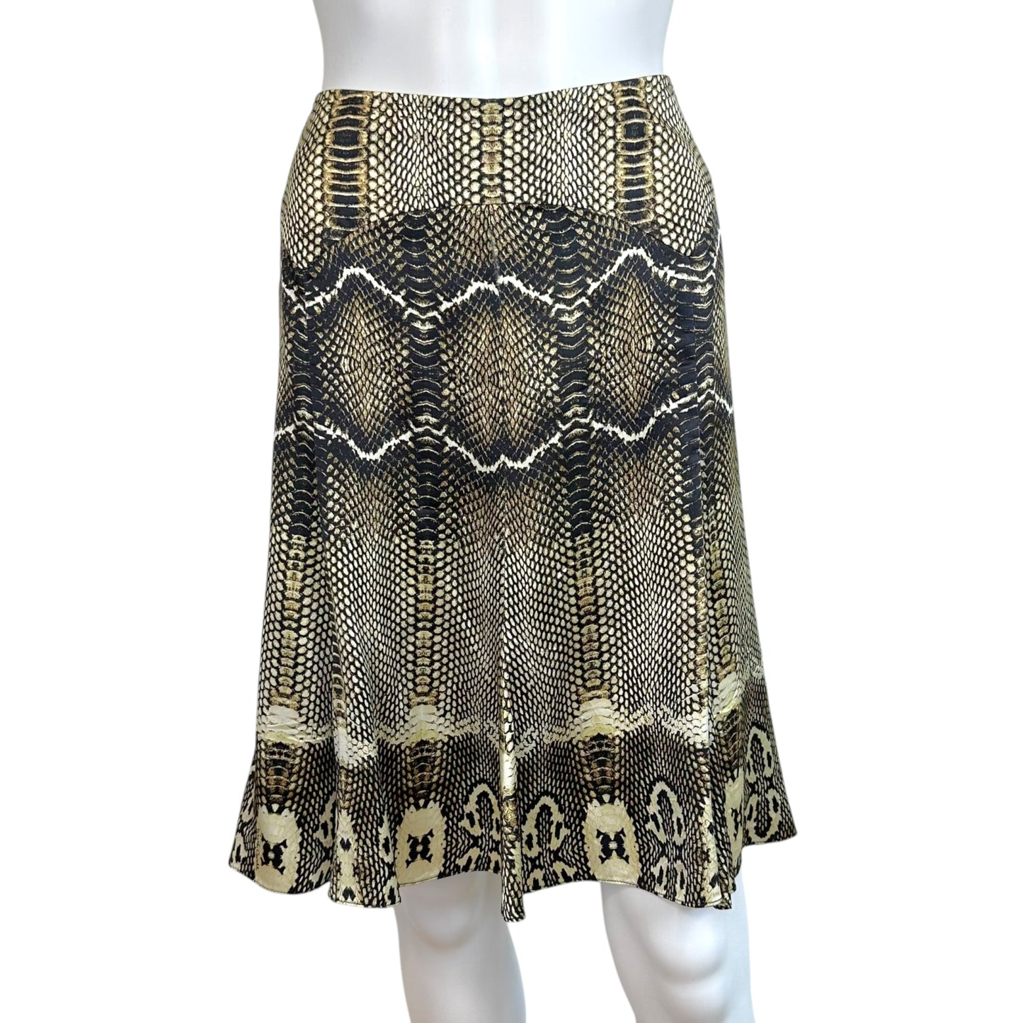 Roberto Cavalli F/W 2005 Black & Brown Python Print Silk Midi Skirt