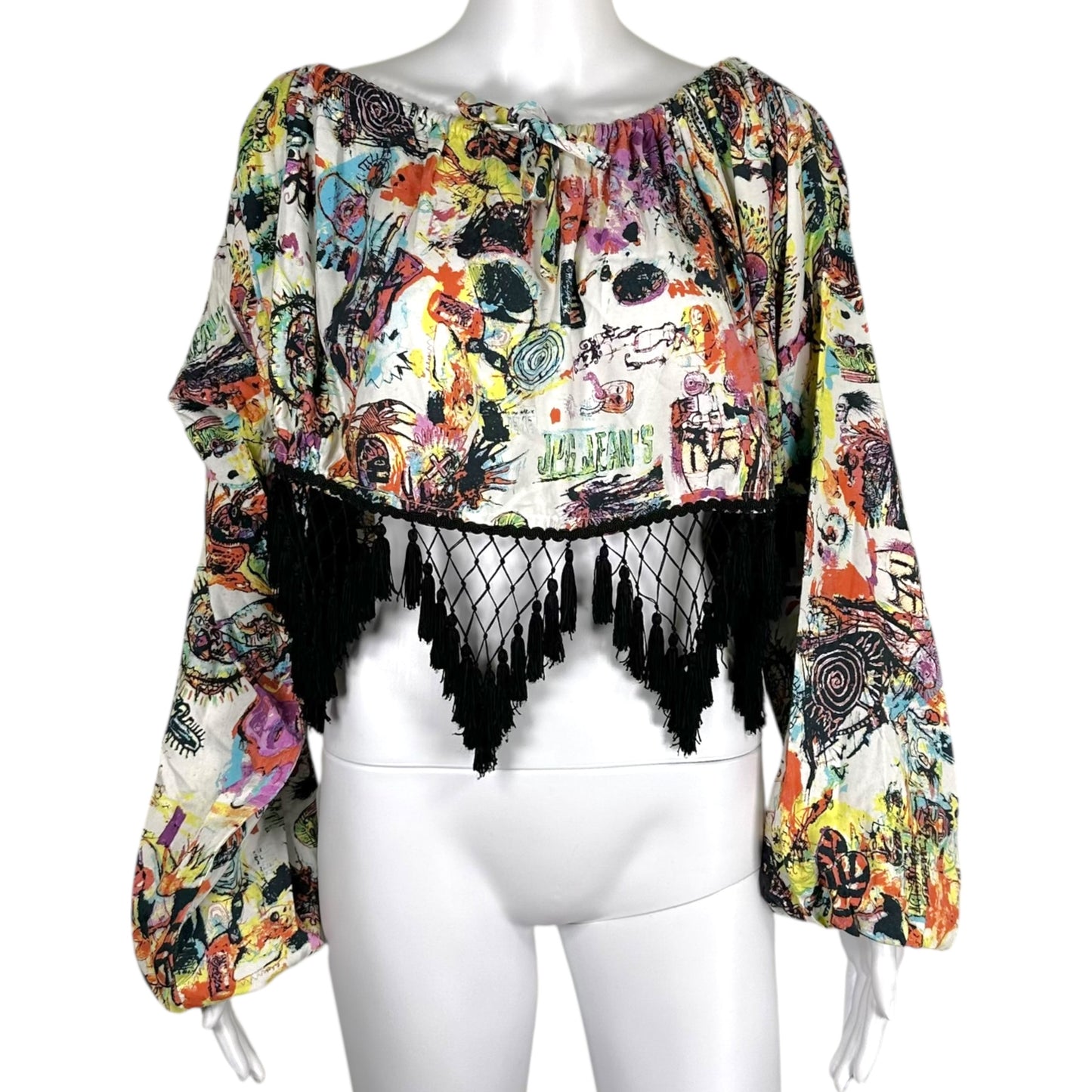 Jean Paul Gaultier Jeans Fringe Trim Multicolor Printed Off Shoulder Blouse