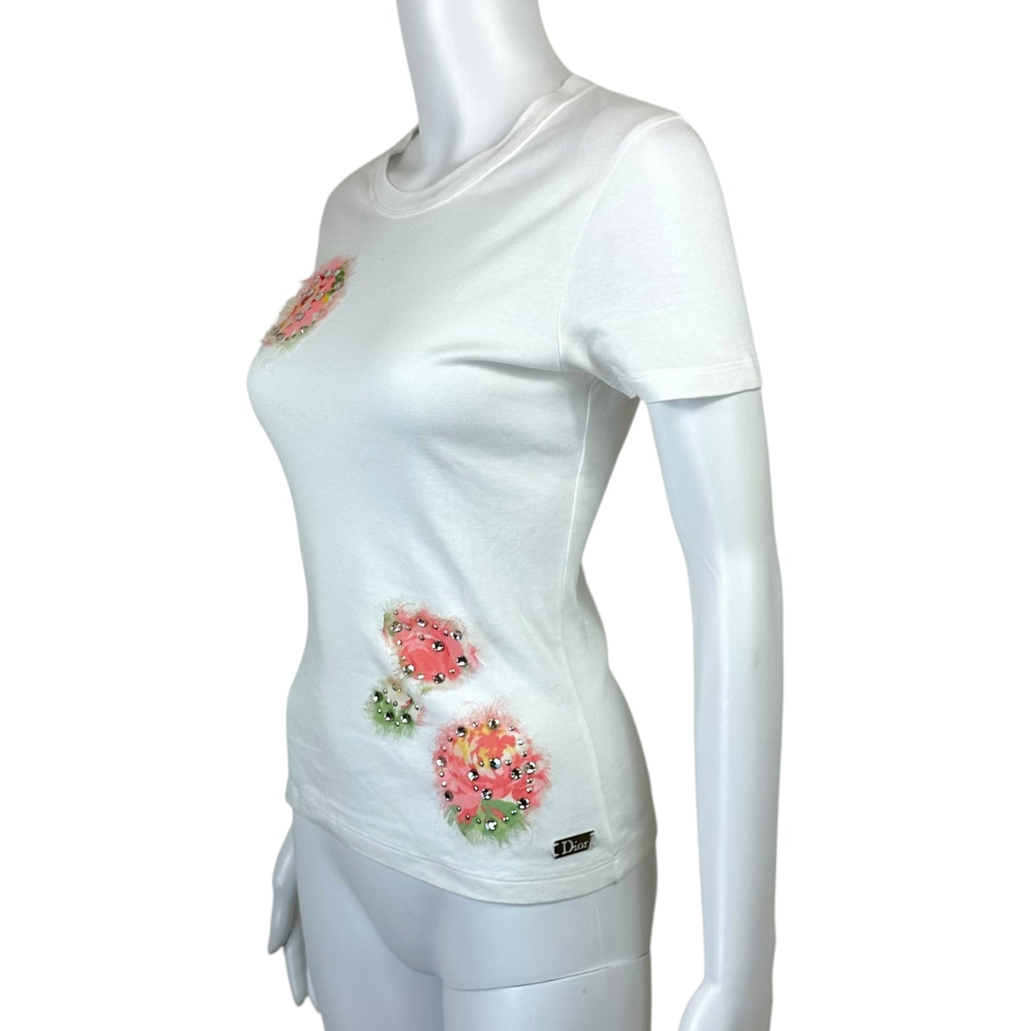 Christian Dior S/S 2005 White & Pink Rhinestone & Floral Embellished T-Shirt