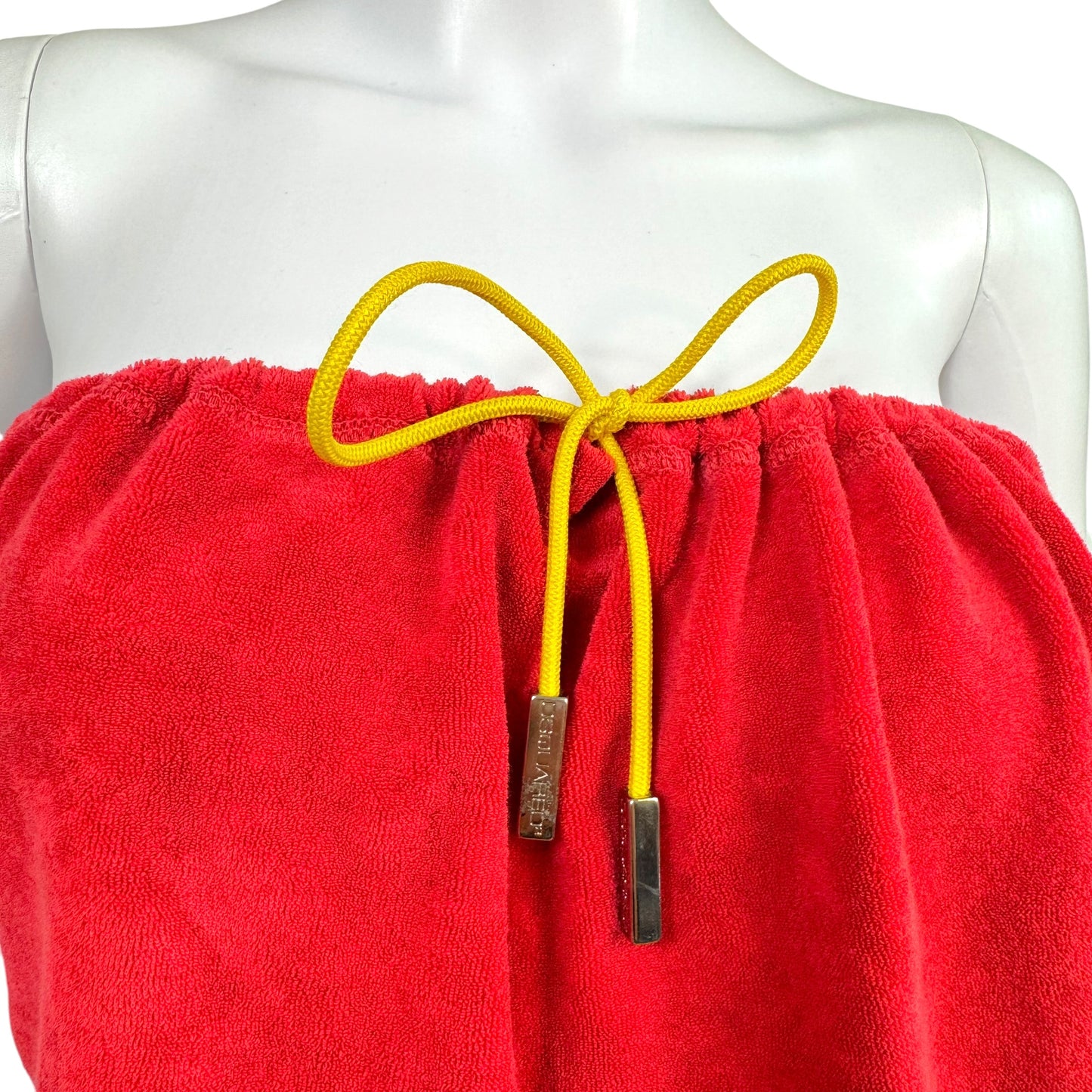 Dsquared2 Red & Yellow Loop Terry Logo Embroidered Strapless Mini Dress