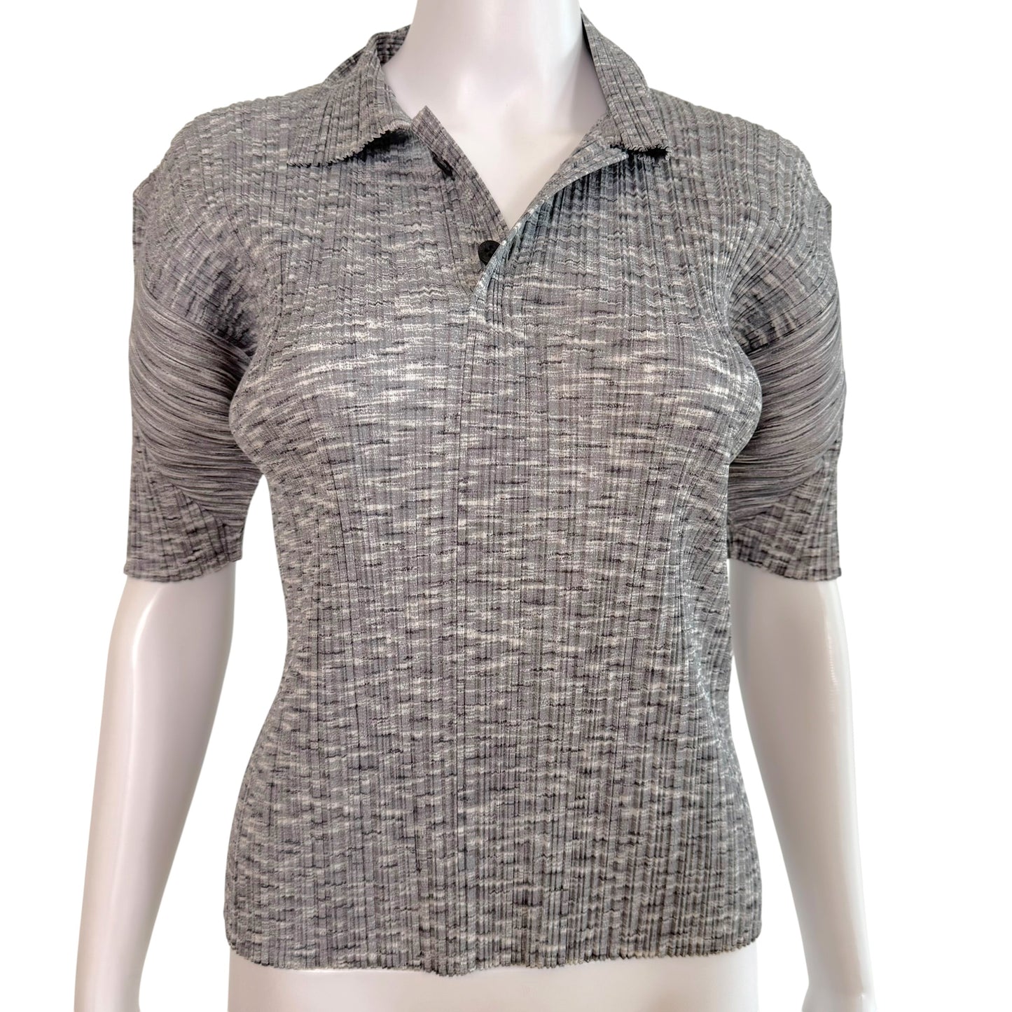 Issey Miyake Pleats Please Light Gray Short Sleeve Polo Top