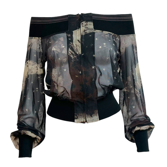 Jean Paul Gaultier Off Shoulder Black & Gray Star Print Mesh Zip-Up Top