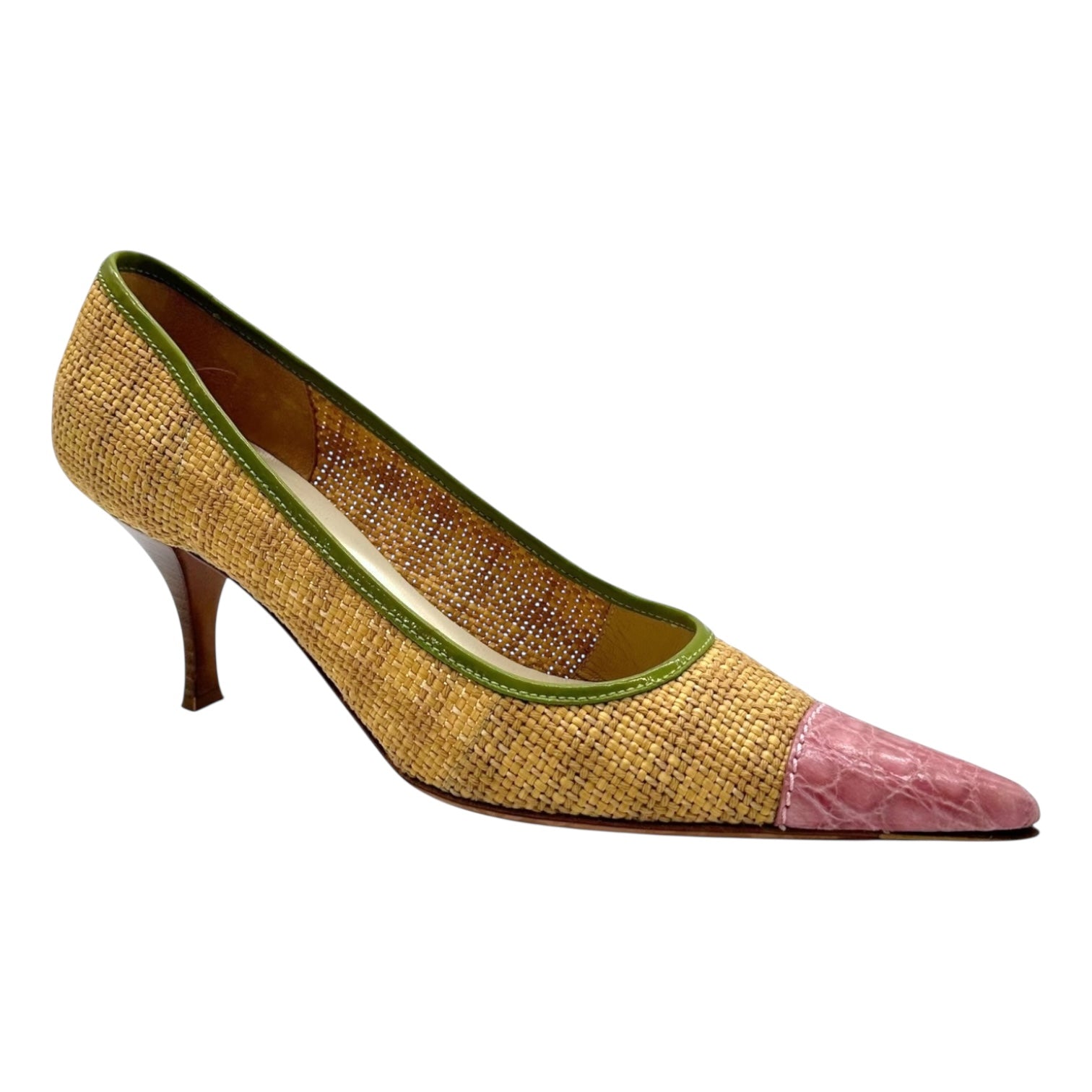 Prada Pink & Green Raffia Pointed Toe Heels - Outfit Repeater