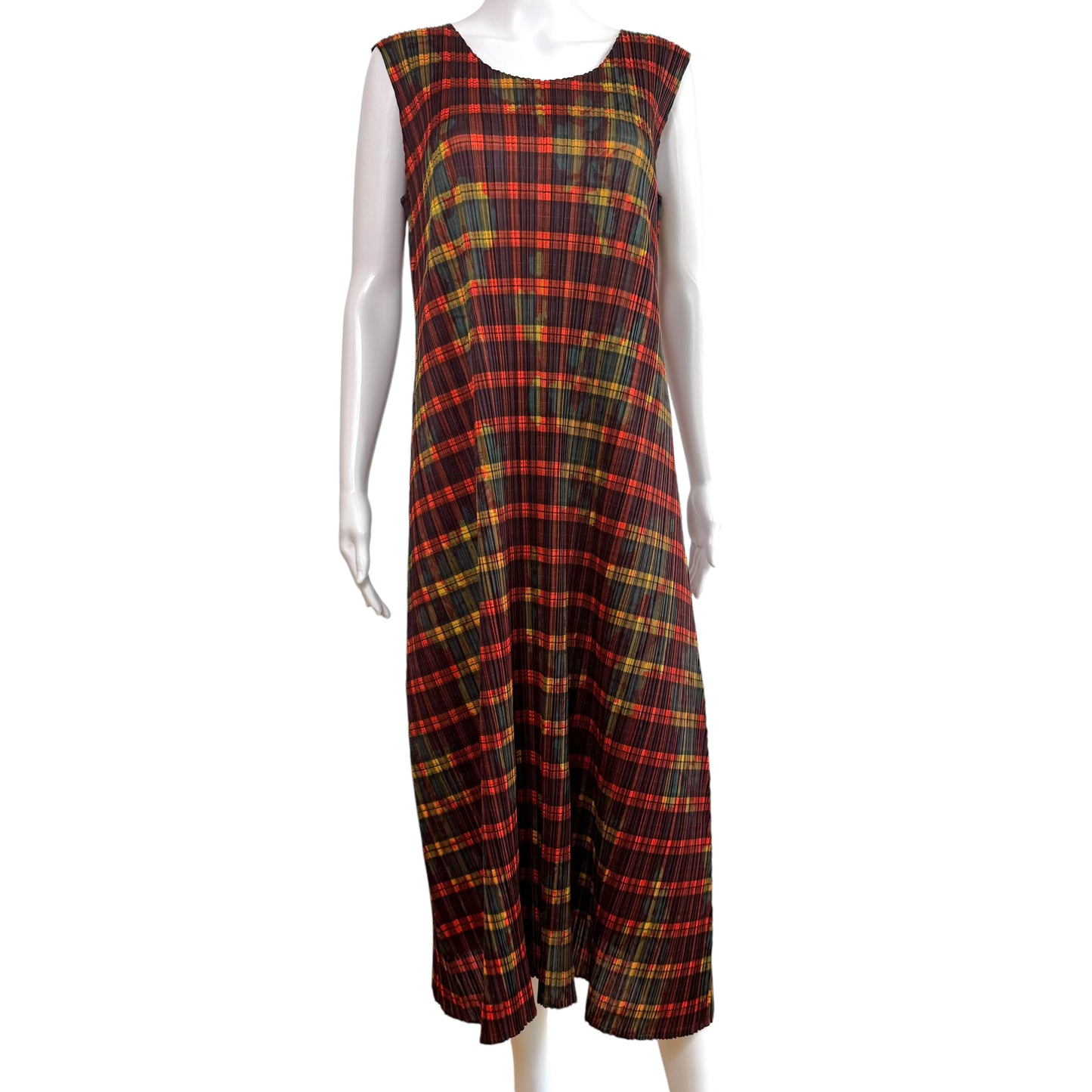 Issey Miyake Pleats Please Tartan Plaid Printed Maxi Dress Sz 2