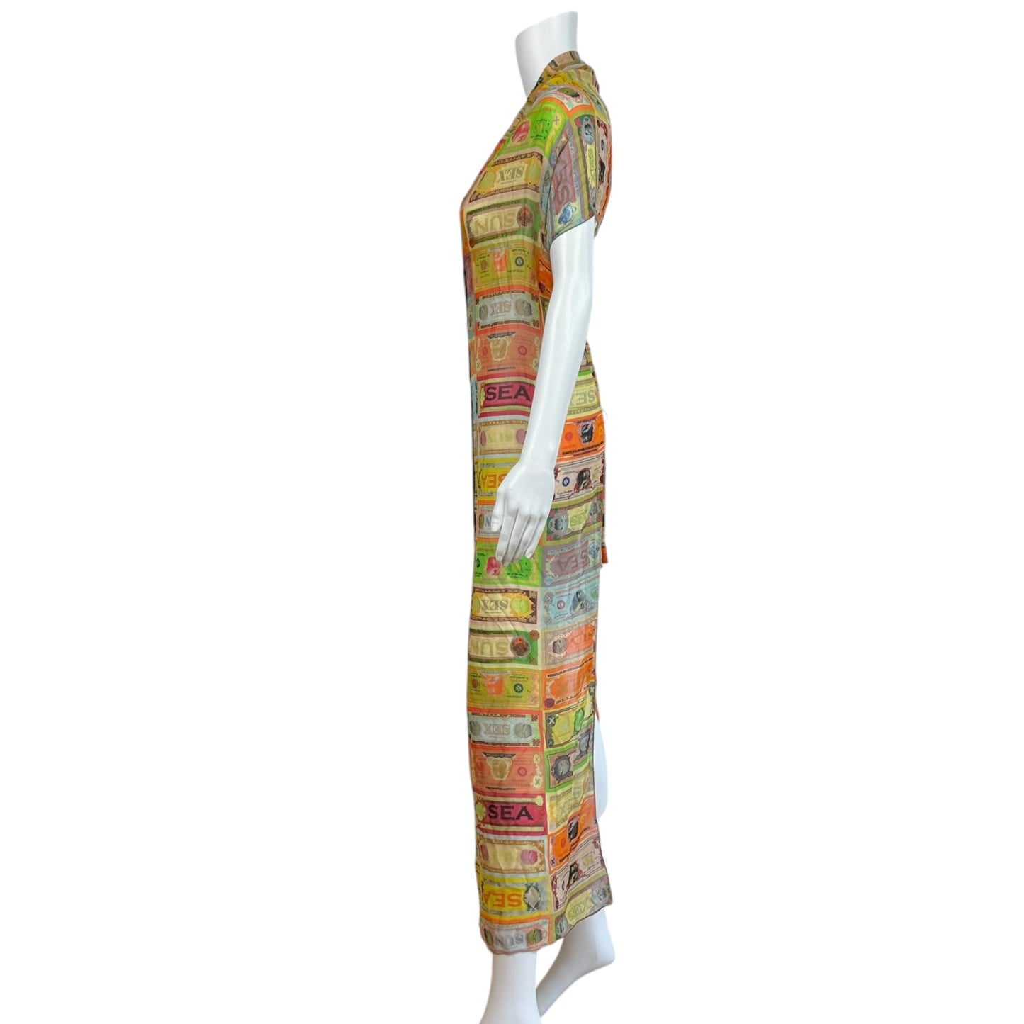 Jean Paul Gaultier Soleil Multicolor Money Print Backless Sheer Maxi Halter Top