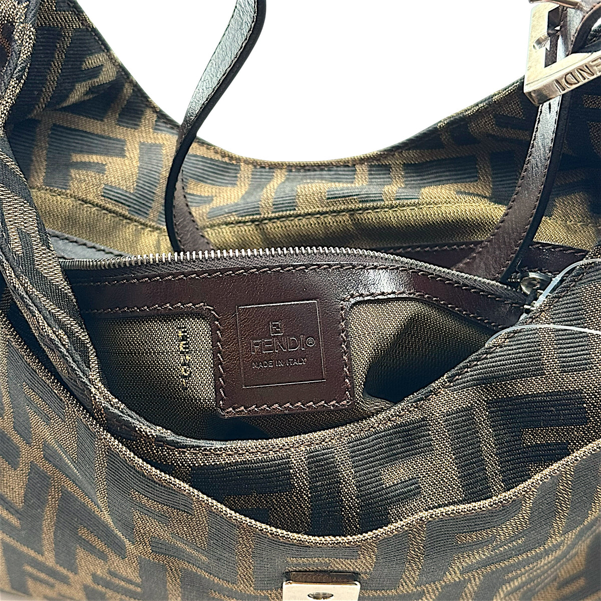 Fendi Brown Zucca Monogram Shoulder Baguette Bag