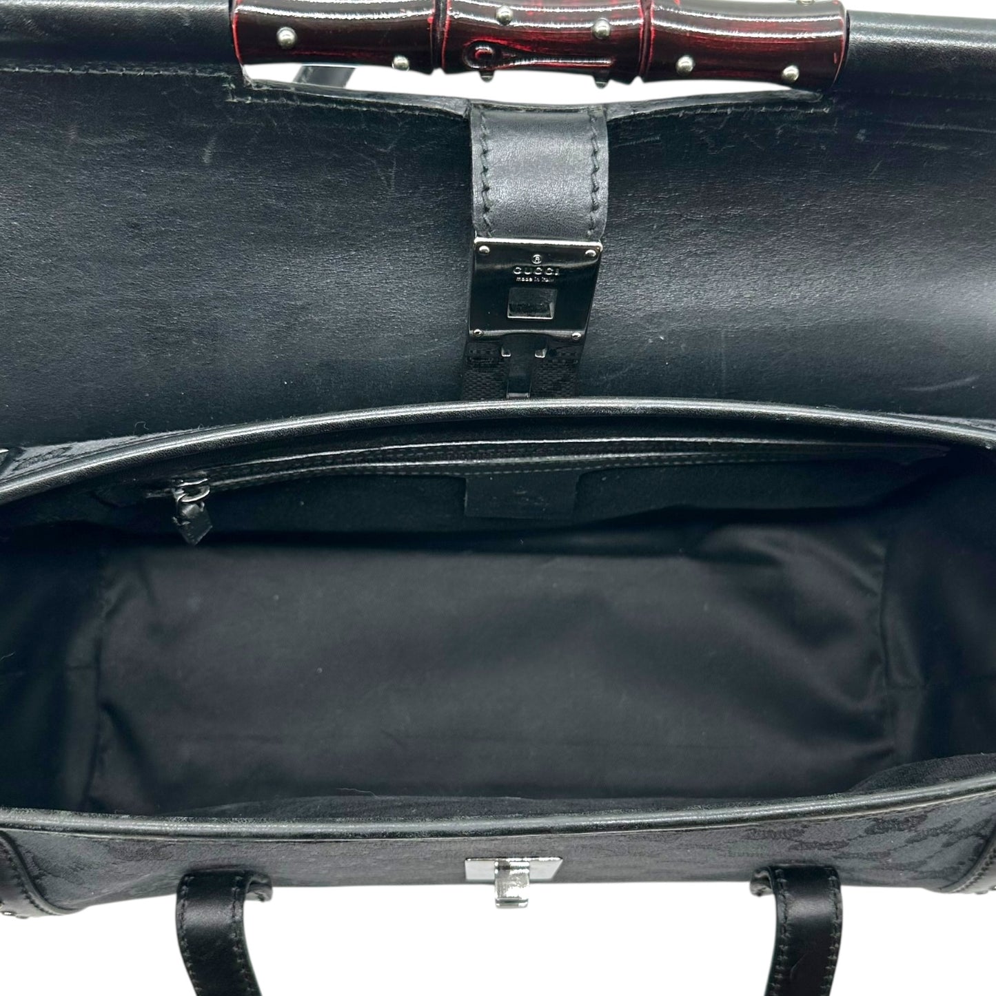 Gucci Black Monogram Studded Bamboo Bullet Bag