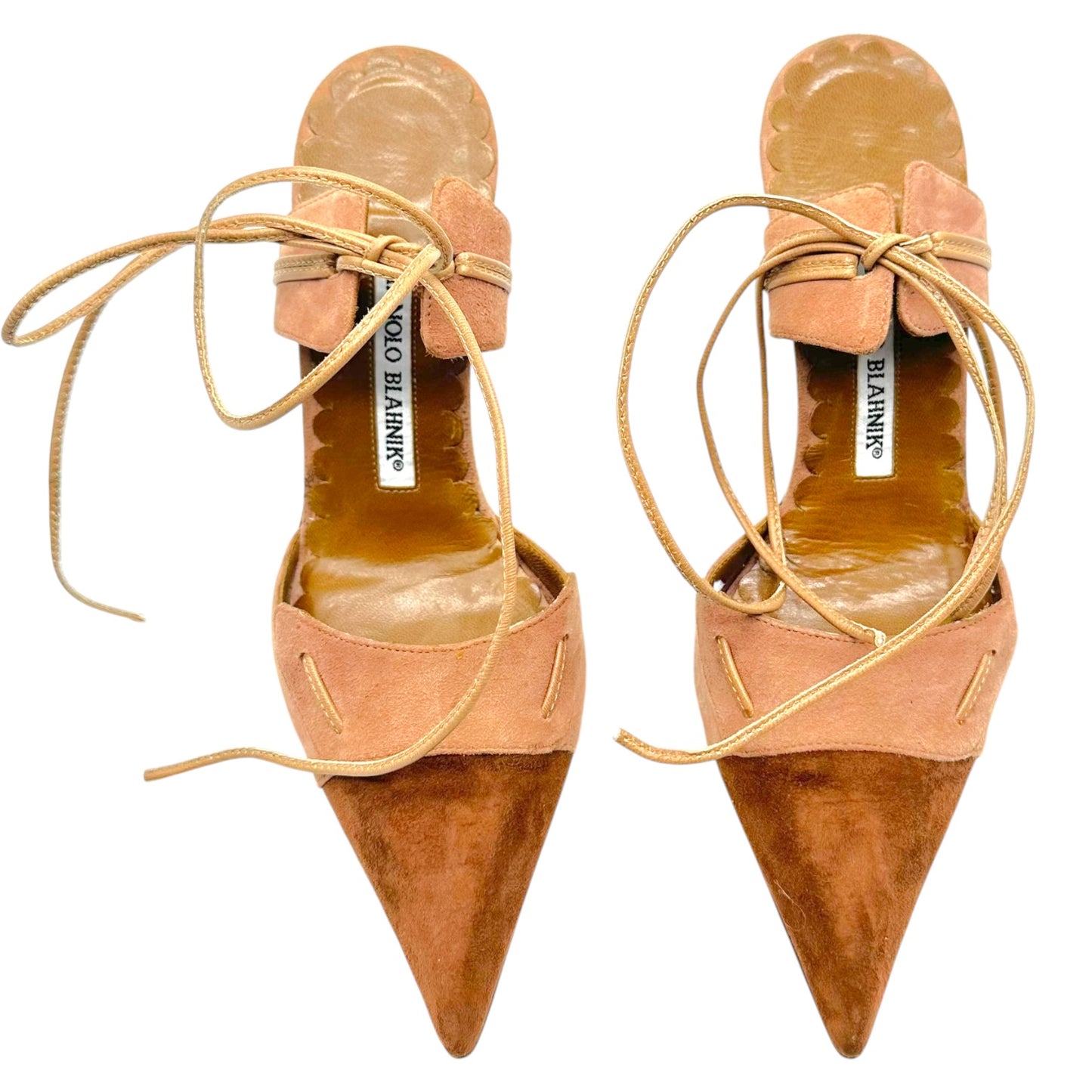 Manolo Blahnik Brown Tan Suede Pointed Toe Wrap Heels