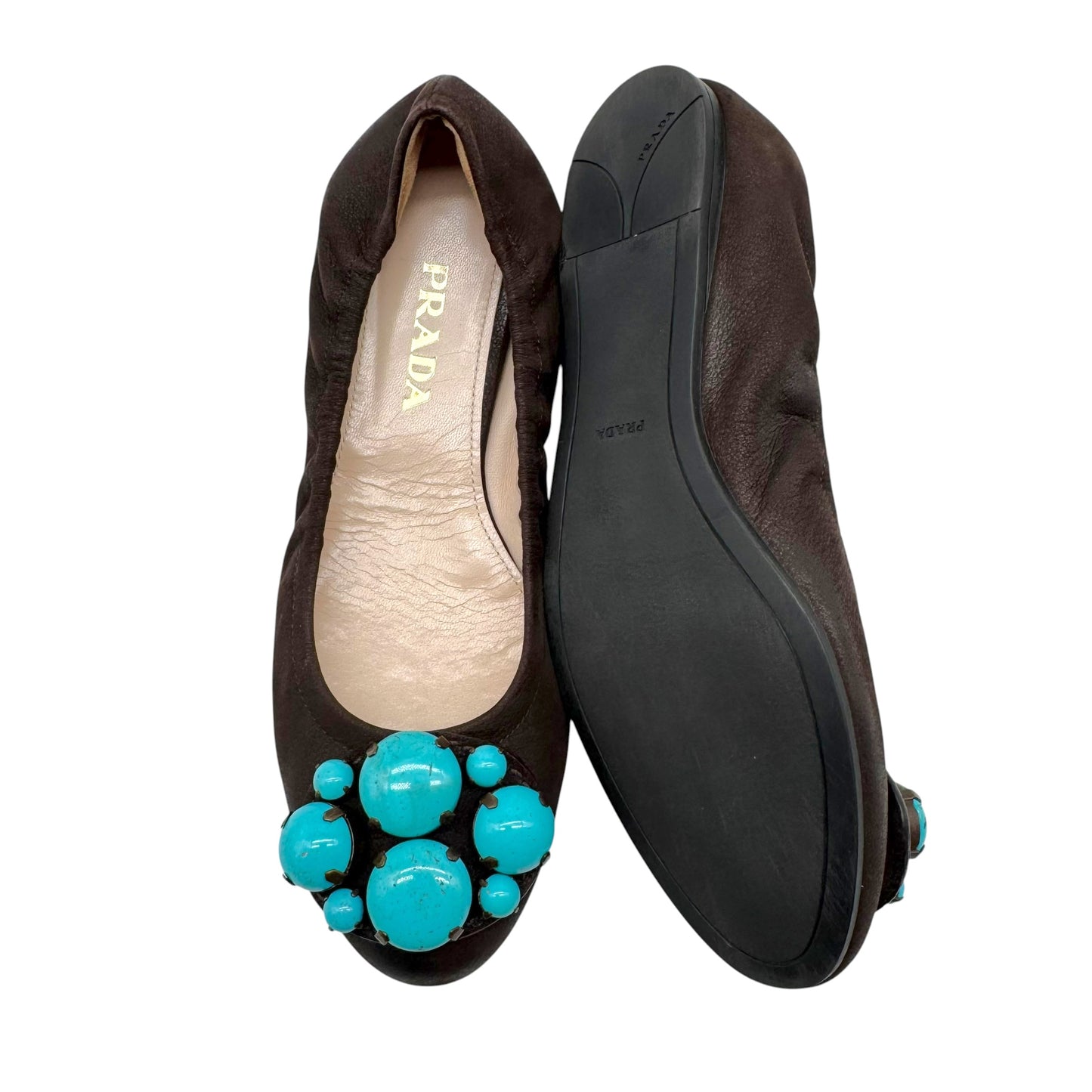 Prada Brown Leather & Turquoise Embellished Ballet Flats
