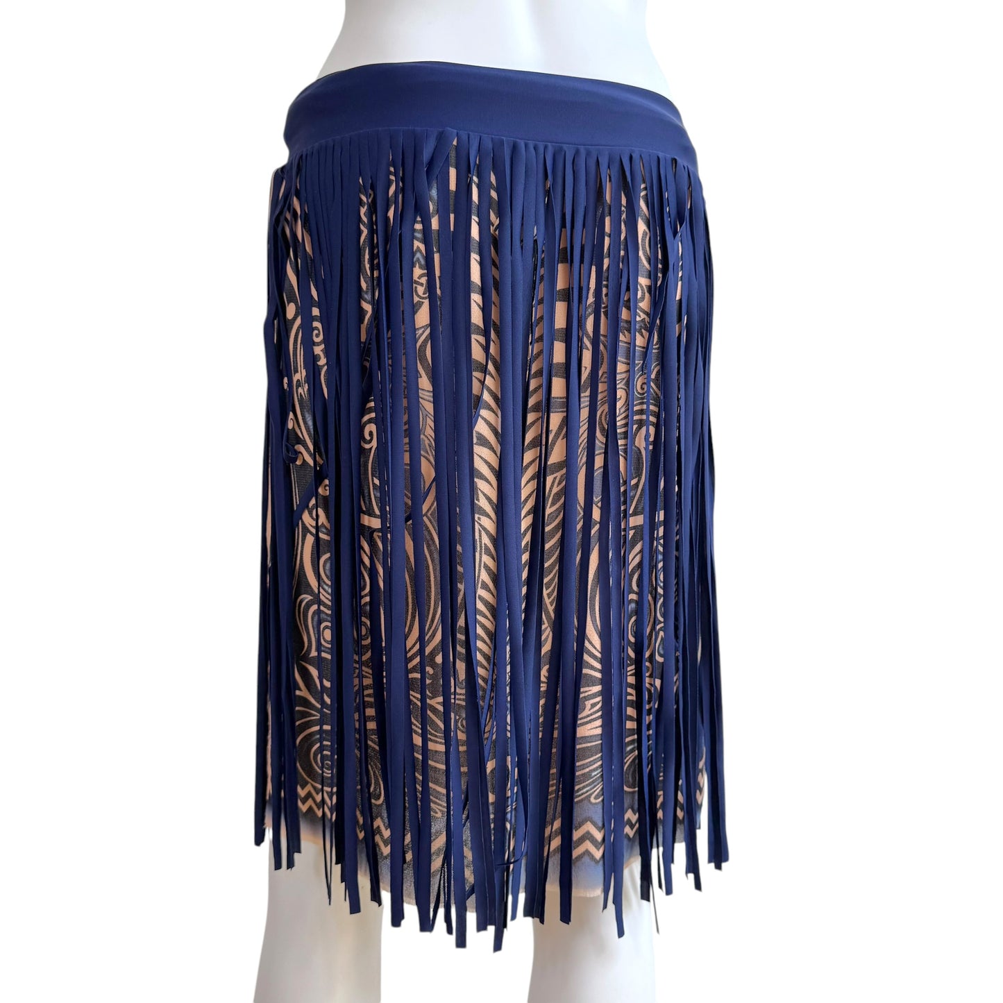 Jean Paul Gaultier Soleil Blue & Beige Tribal Print Mesh Midi Skirt w/ Fringe Overlay