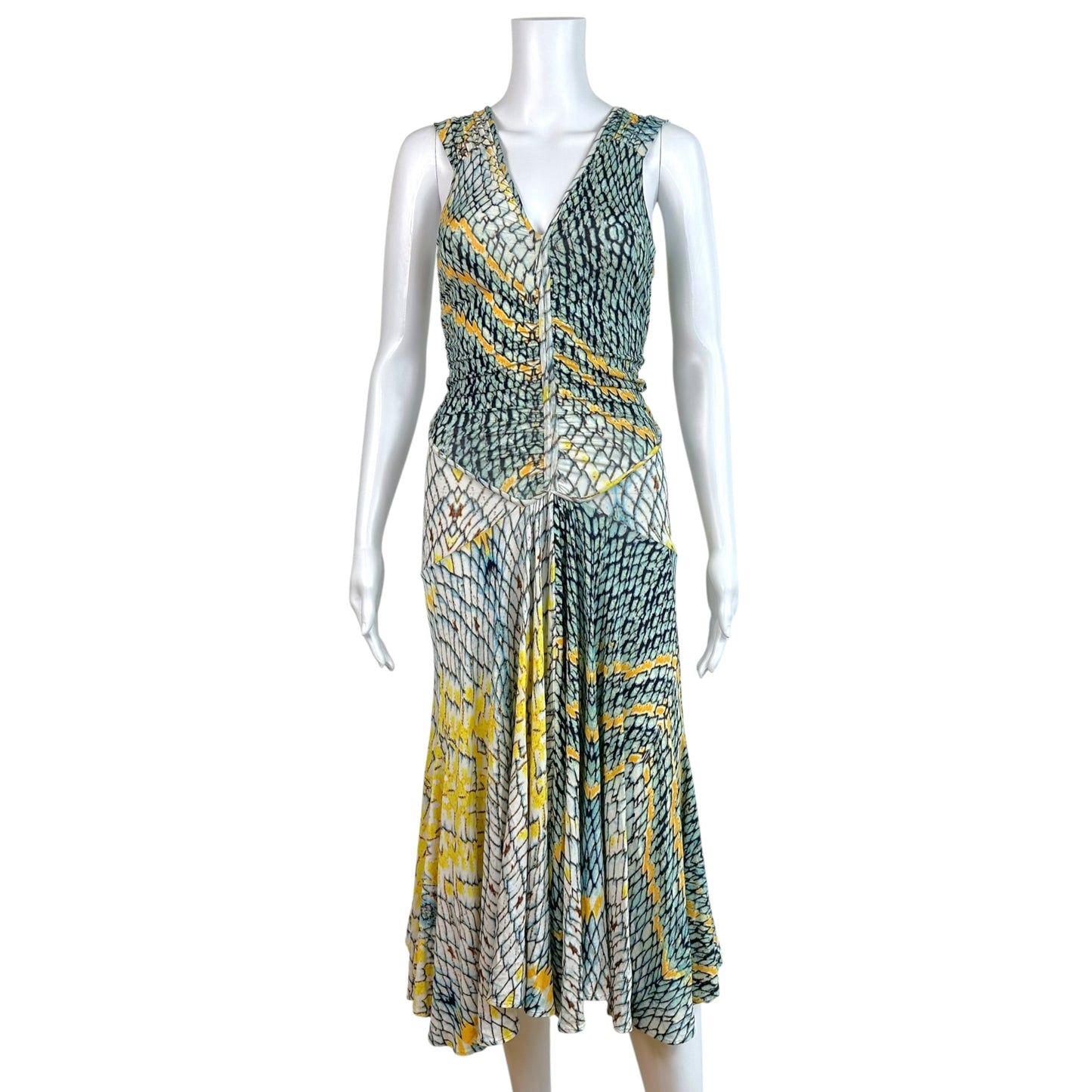 Roberto Cavalli Turquoise Yellow Scale Print Midi Dress