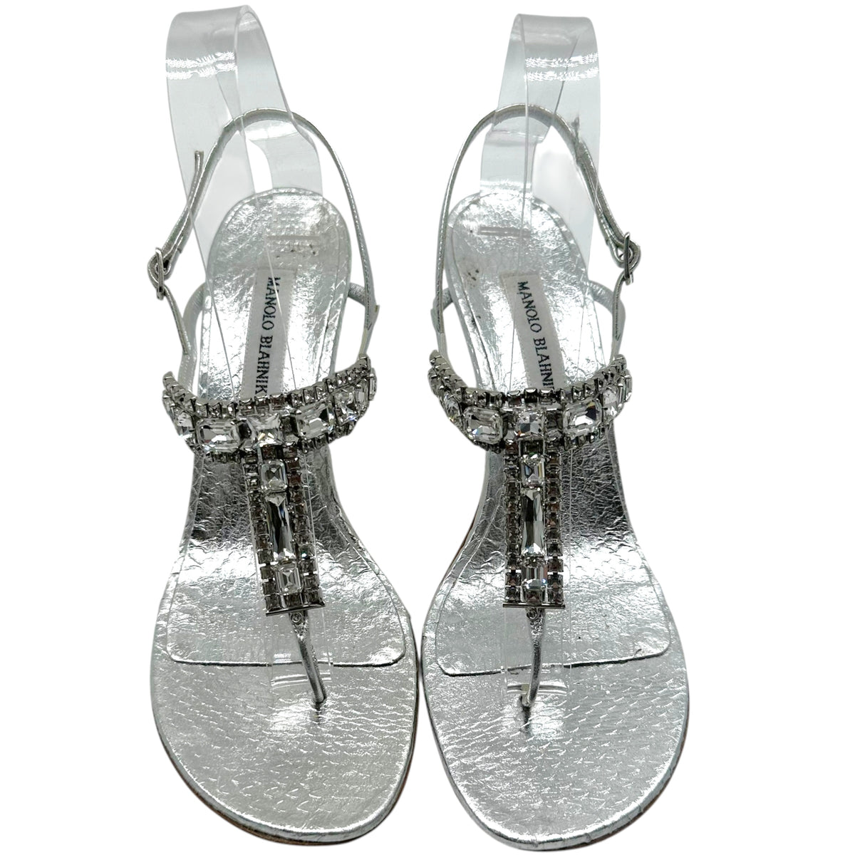 Manolo Blahnik SIlver Python & Crystal Thong Heeled Sandals
